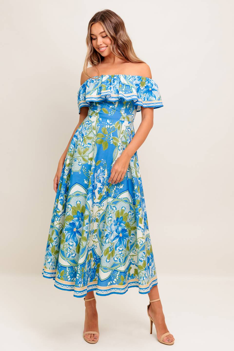 TROPICAL HAZE POWDER BLUE WOVEN MIDI DRESS Off the shoulder Blue Resort Beach Flying Tomato