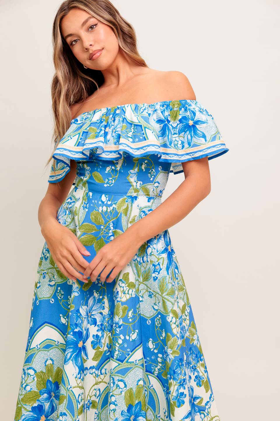 TROPICAL HAZE POWDER BLUE WOVEN MIDI DRESS Off the shoulder Blue Resort Beach Flying Tomato