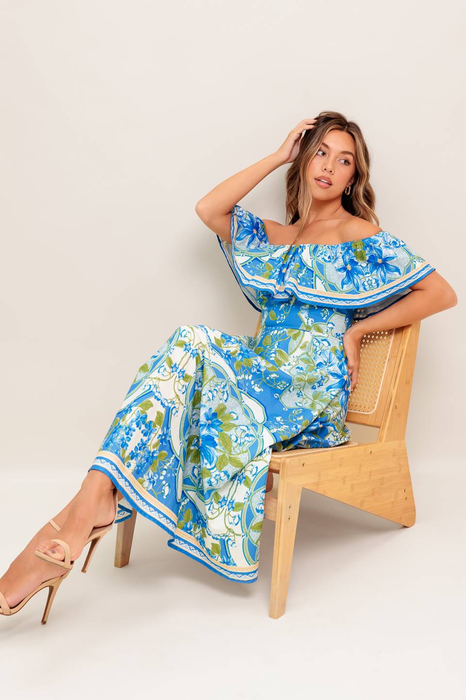 TROPICAL HAZE POWDER BLUE WOVEN MIDI DRESS Off the shoulder Blue Resort Beach Flying Tomato
