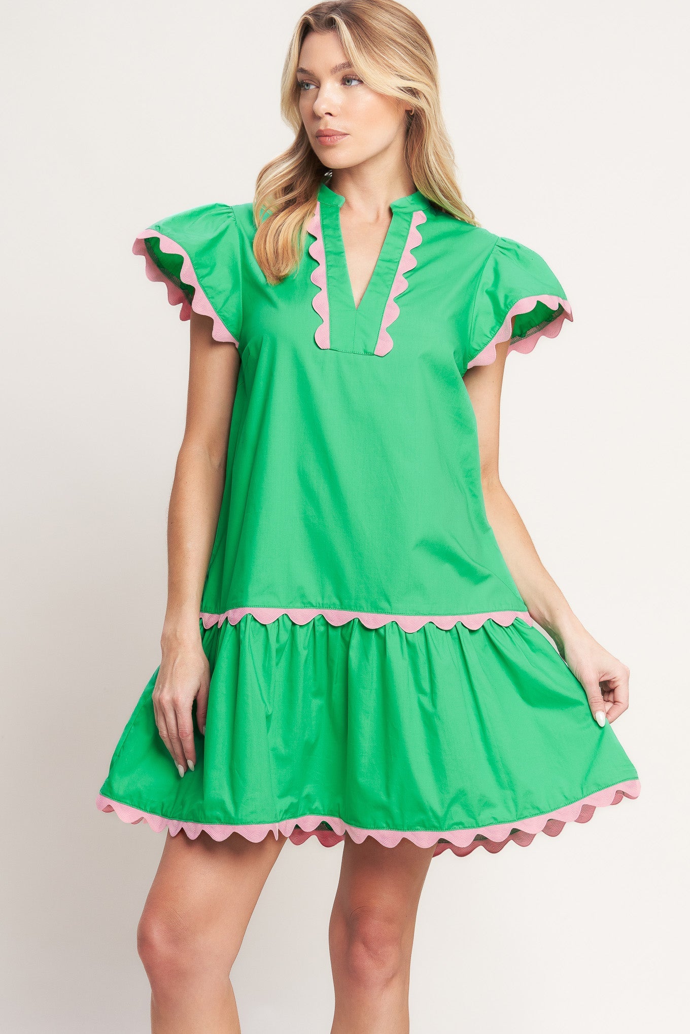 PRETTY IN GREEN WOVEN MINI DRESS Flying Tomato Pink trim Resort Beach
