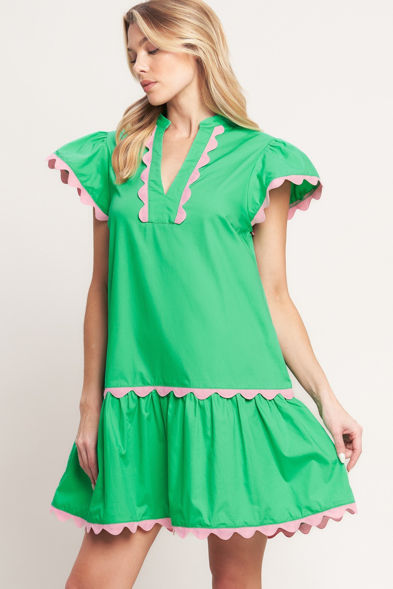 PRETTY IN GREEN WOVEN MINI DRESS Flying Tomato Pink trim Resort Beach