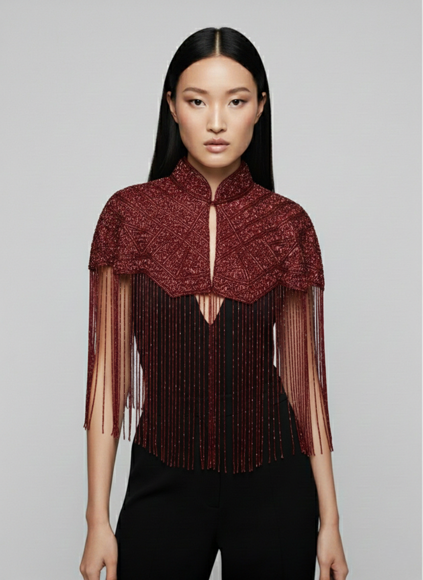 Bordeaux beaded maroon Fringe Cape dressy cocktail party formal