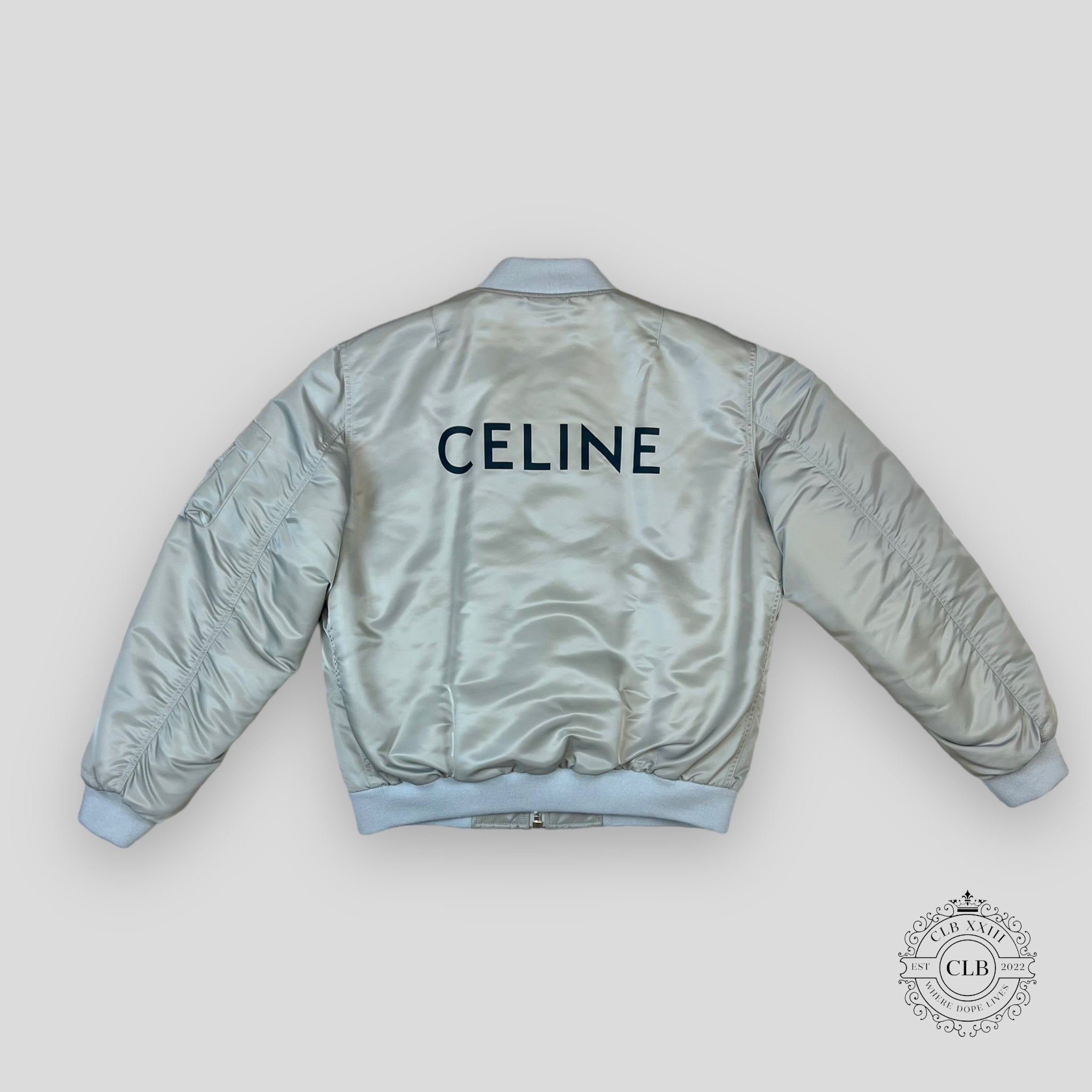 Celine Homme Oversized Chain Logo Bomber in Silver Coat men's Unisex Jacket 50 52 54