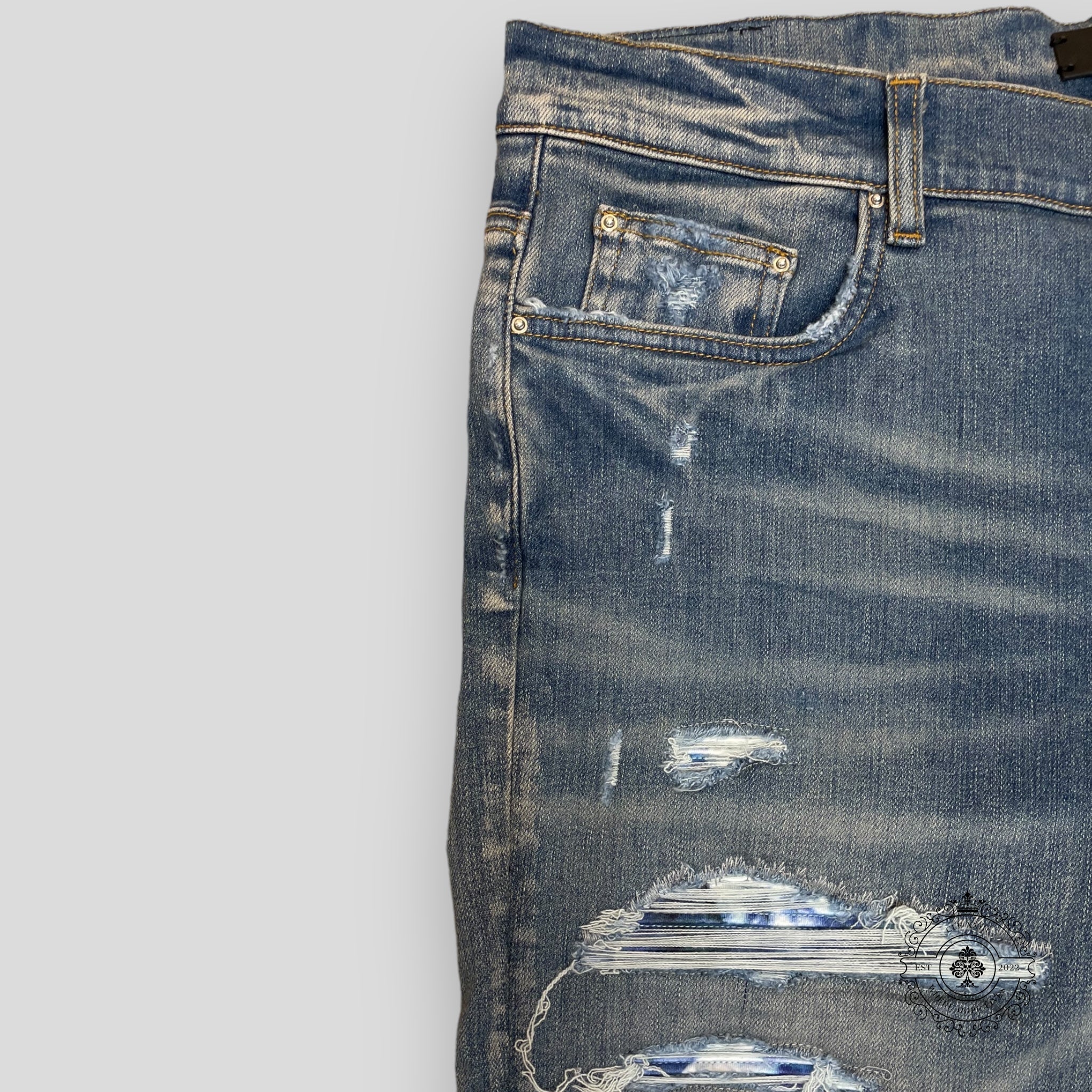 Amiri Tie Dye Bandana Thrasher Jeans in Clay Indigo men's unisex
