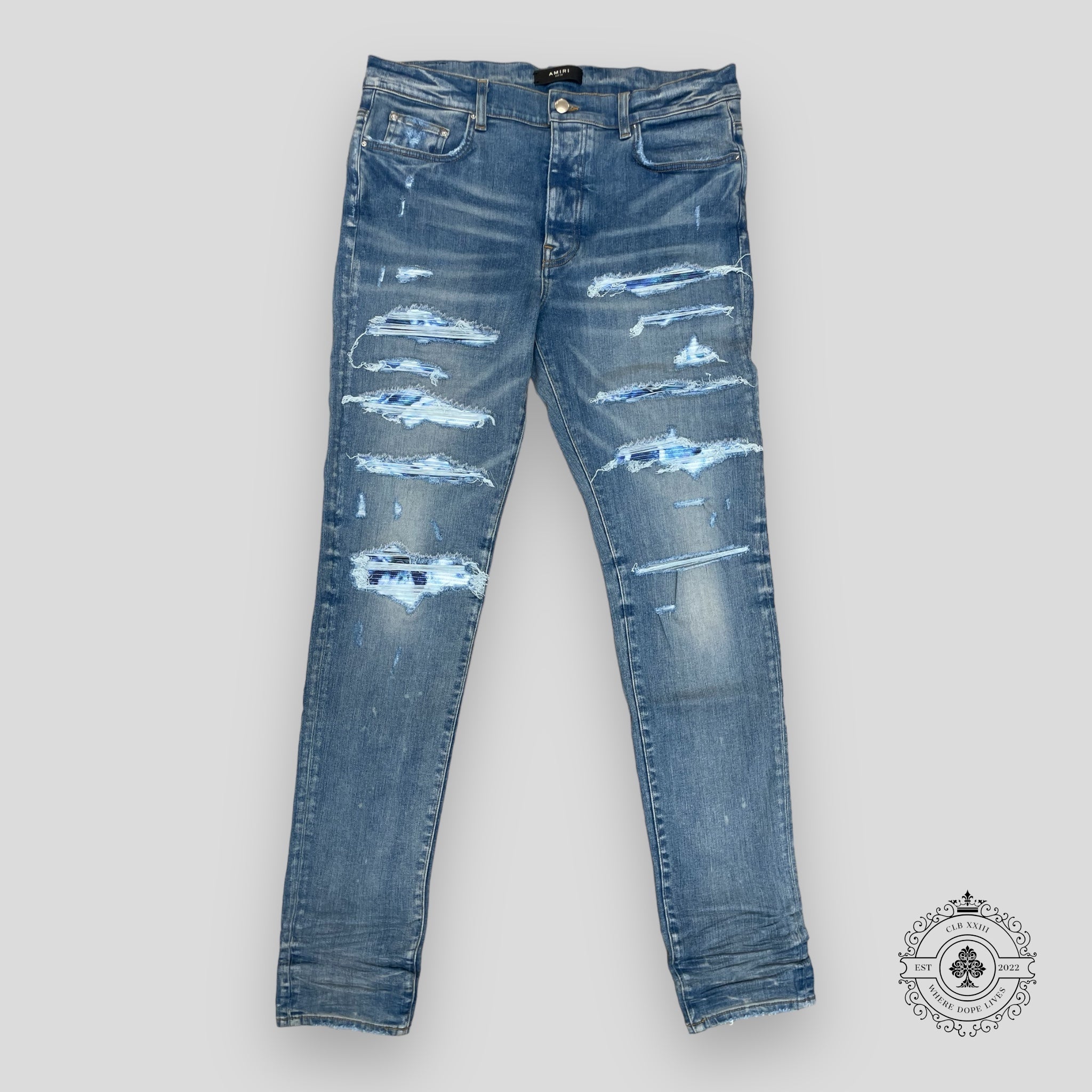 Amiri Tie Dye Bandana Thrasher Jeans in Clay Indigo men's unisex