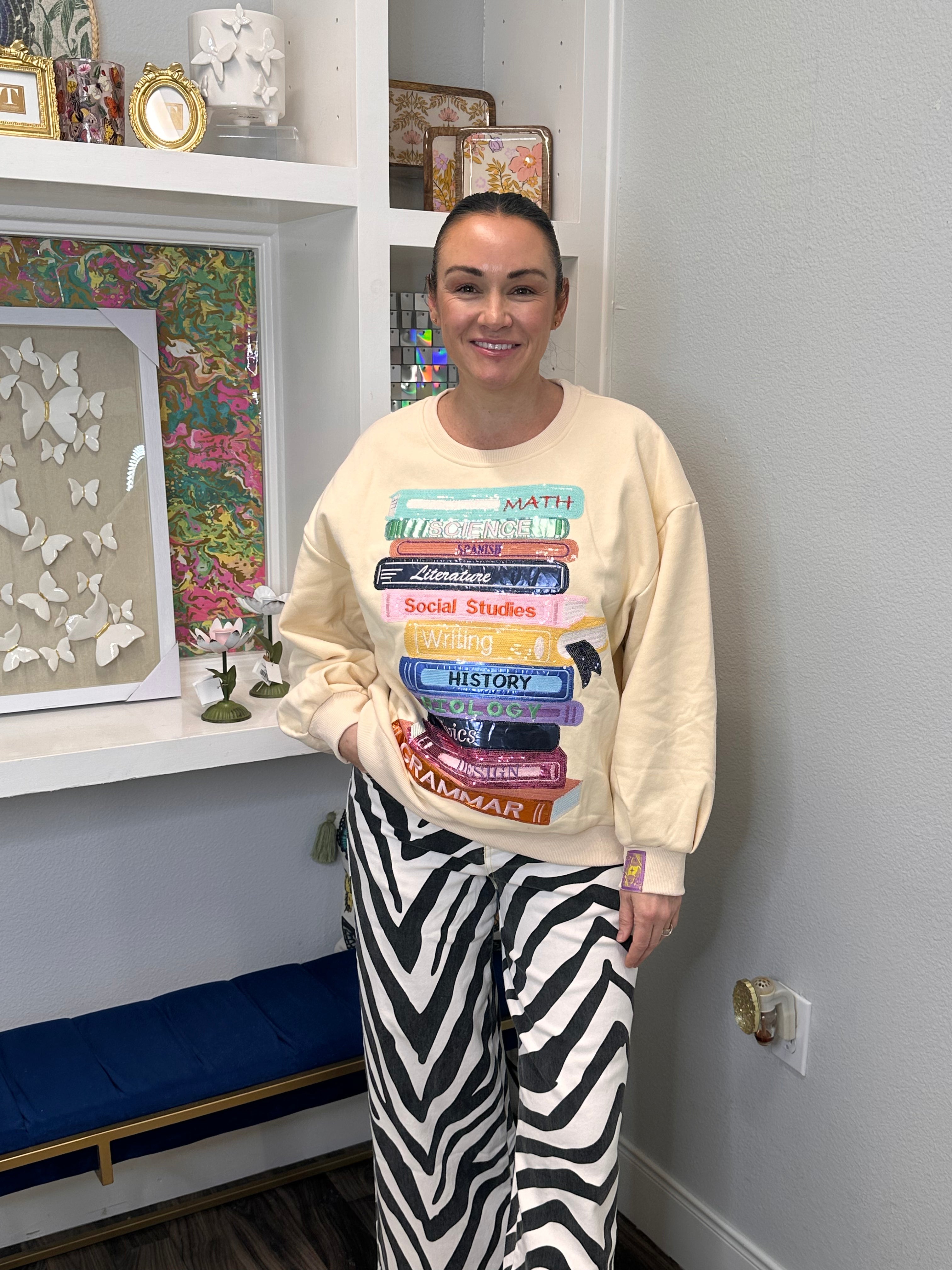 QOS Beige School Books Teacher Professor Student Sweatshirt Queen of Sparkles