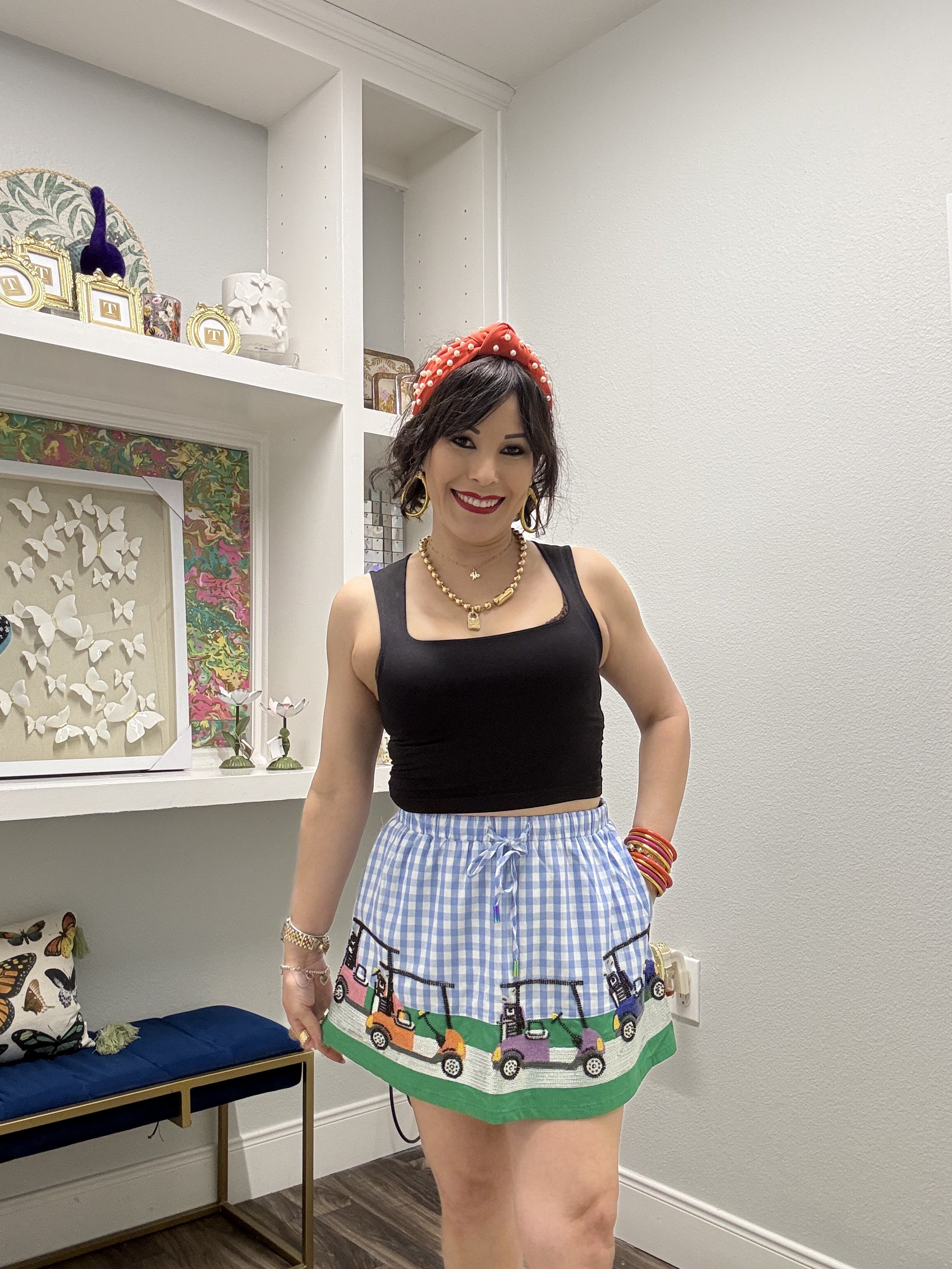 QOS Blue & White Gingham Golf Cart Skort Skirt Queen of Sparkles