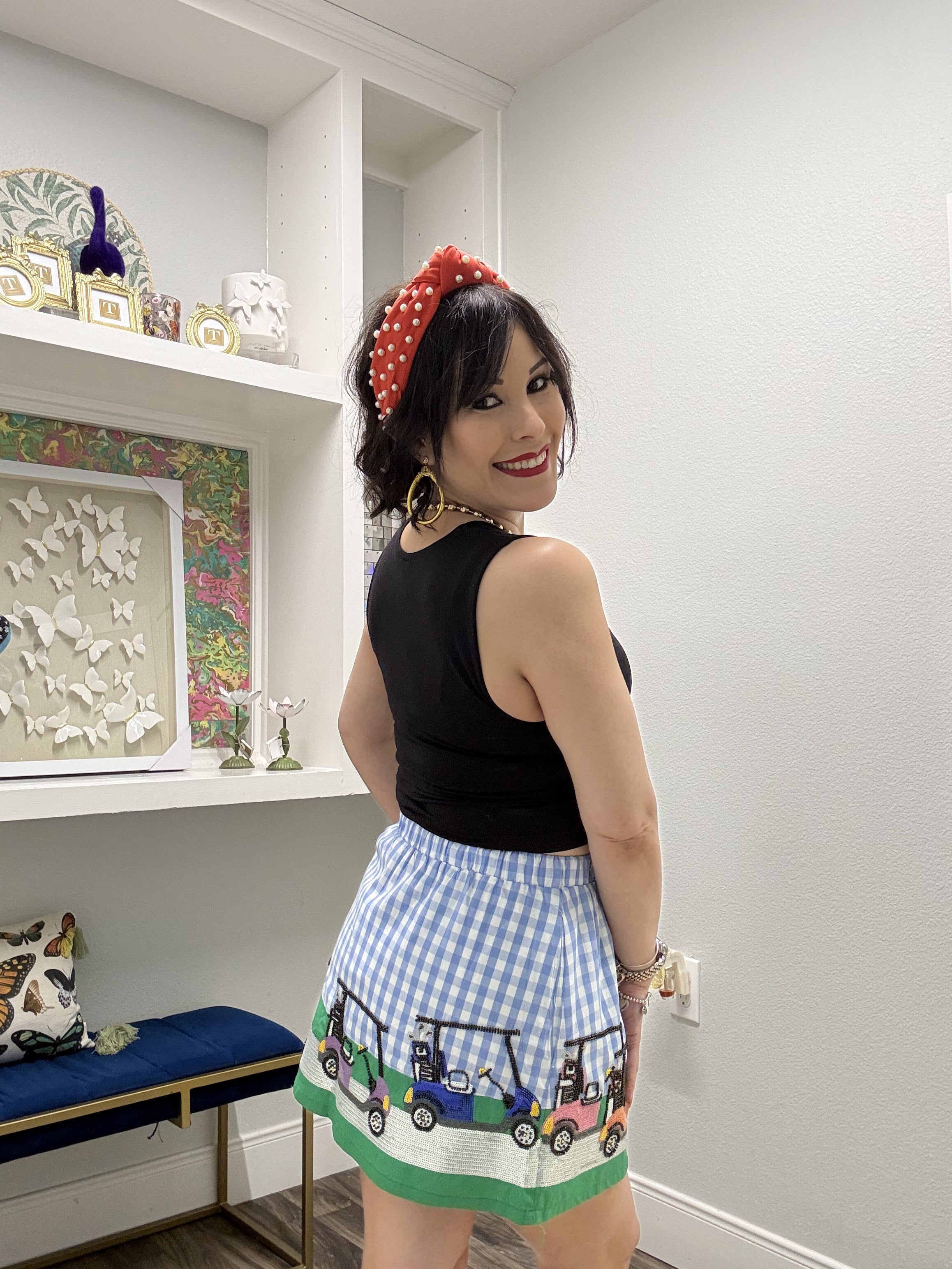 QOS Blue & White Gingham Golf Cart Skort Skirt Queen of Sparkles