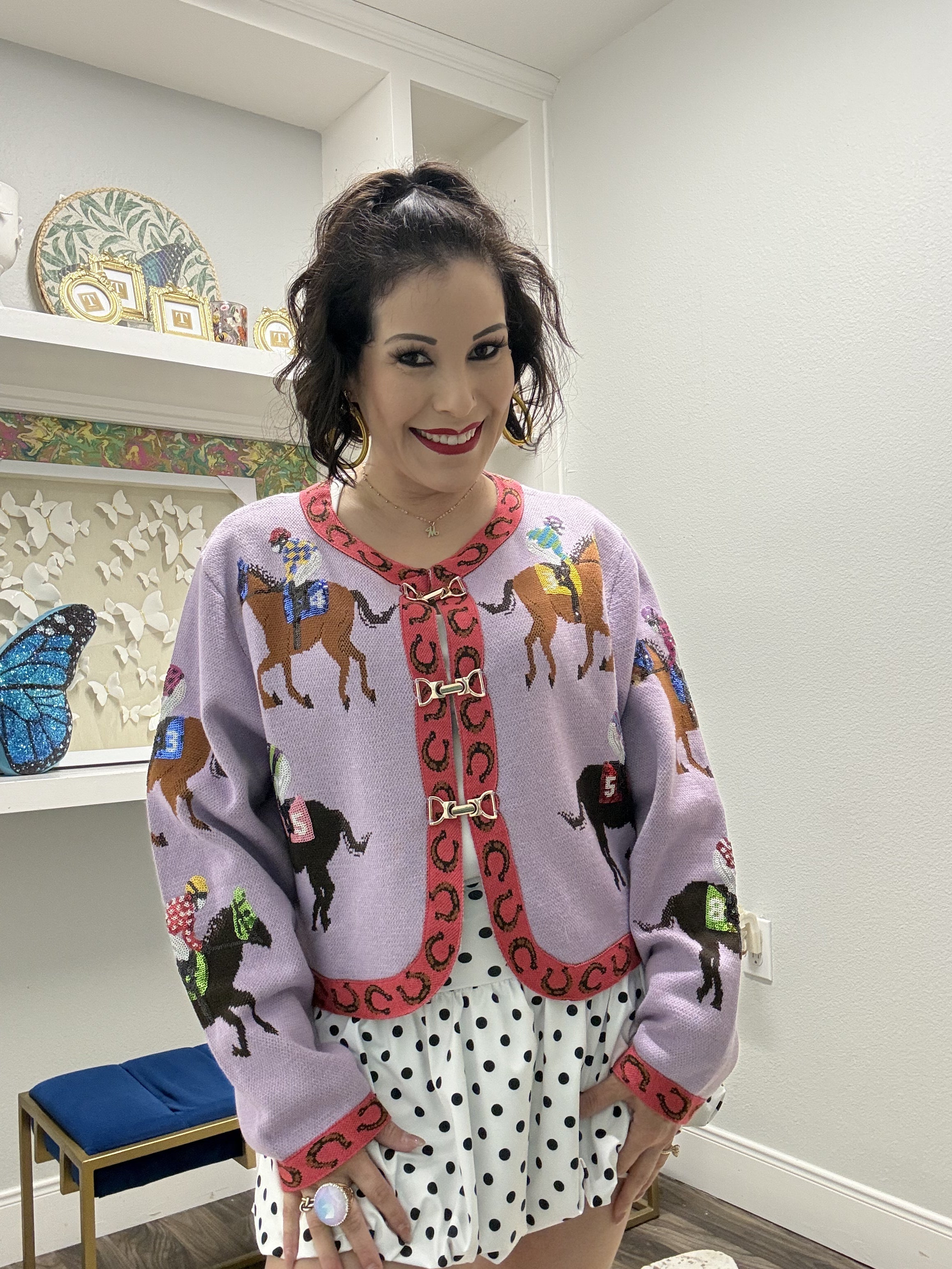 QOS Lavender & Pink Jockey and Horse Button Up Cardigan sweater Queen of Sparkles
