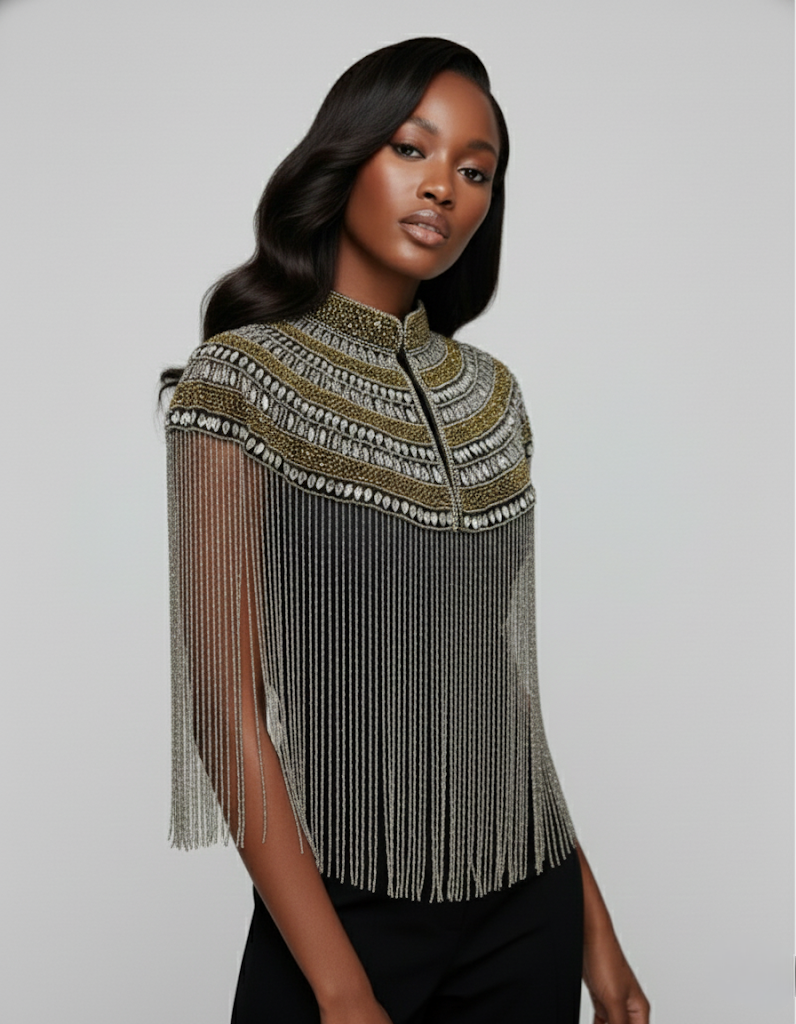 Metallic Horizon Cape Beaded Gold Silver Wrap Shawl Evening Luxury