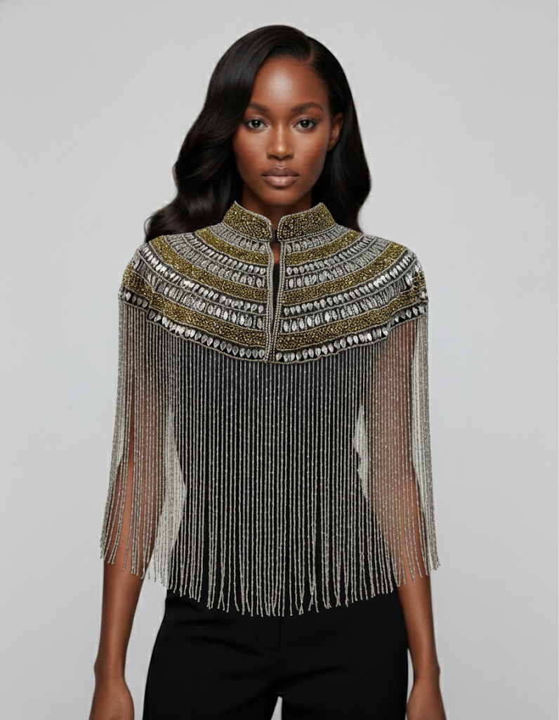 Metallic Horizon Cape Beaded Gold Silver Wrap Shawl Evening Luxury