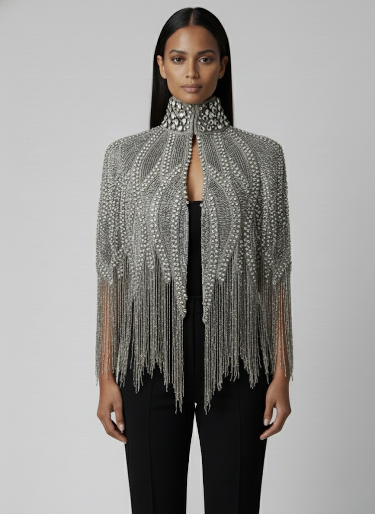 Argenté Cascade Cape Silver Black Party Formal Evening