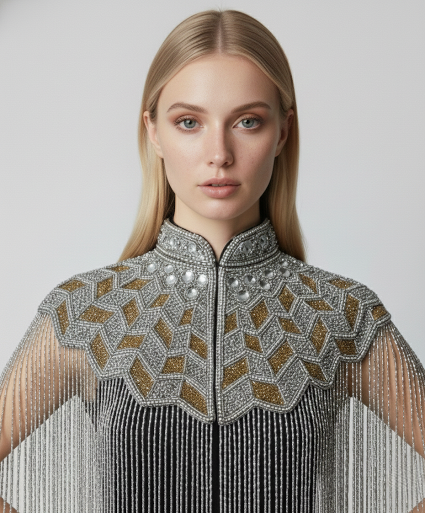 Gilded Halo Cape Silver Gold Beaded fringed Formal Evening Party