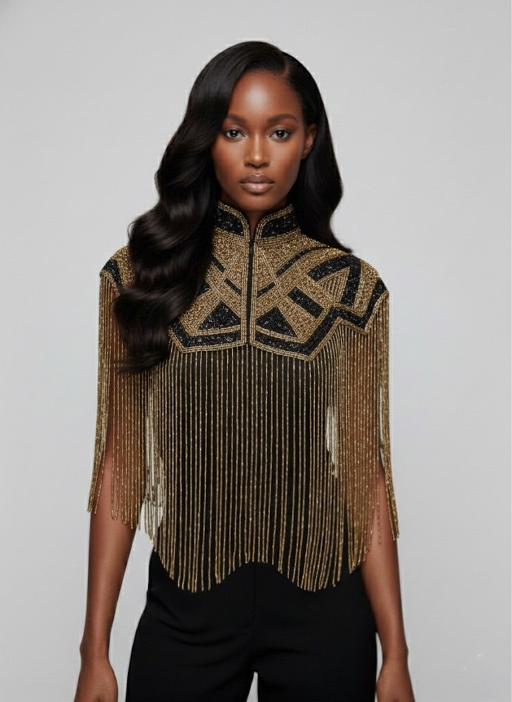 Axis Line Cape Beaded Luxury Dressy Evening Shawl Wrap Black Gold