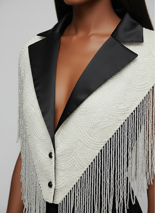CEO Energy Cape Beaded Shawl Wrap Black White Formal