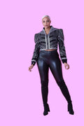Cropped  Black Jacket with Rhinestone Detailing -82065