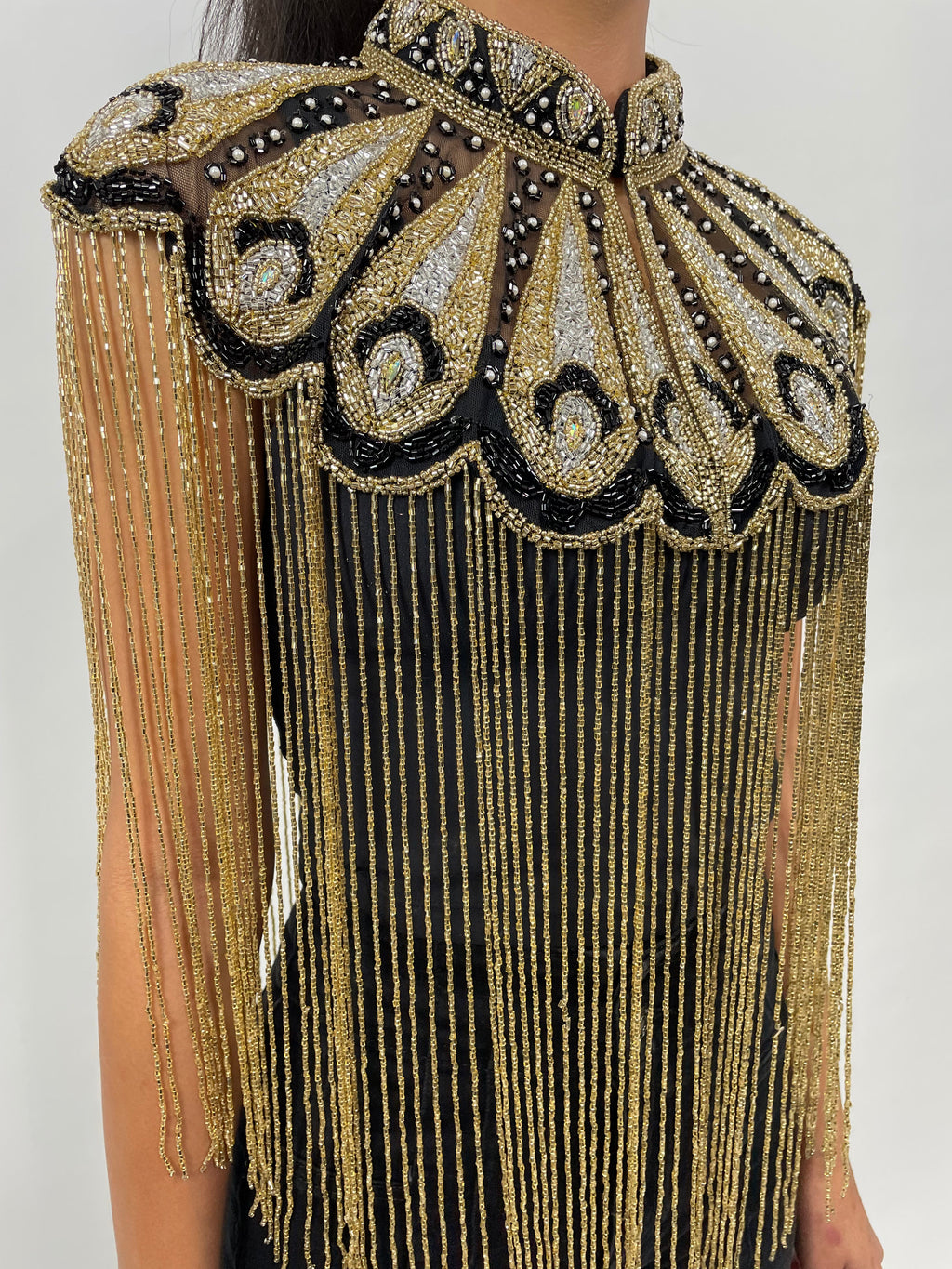 Gilded Fleur Cape Gold Black Silver Beaded fringe Wrap Dressy Formal