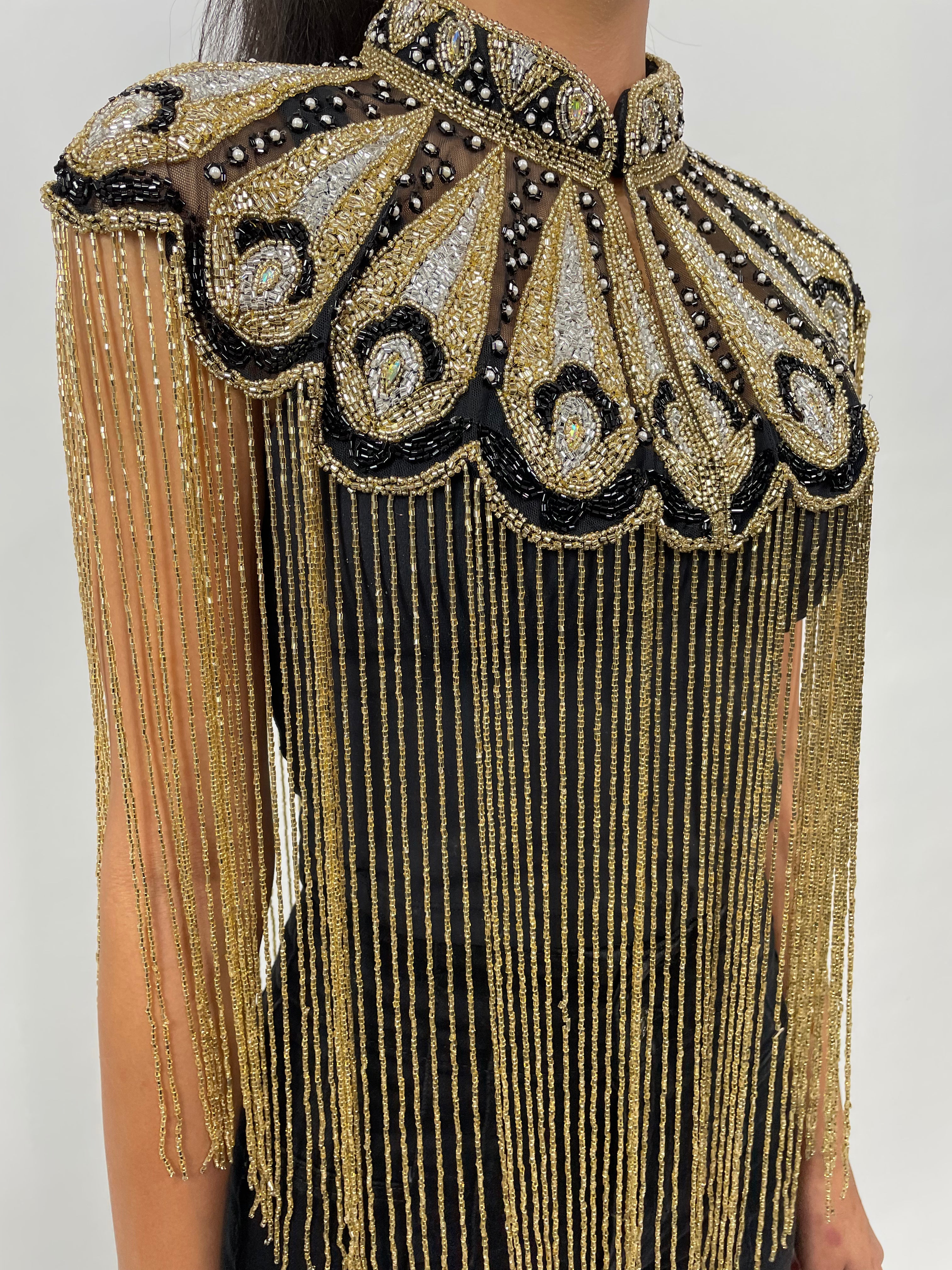 Gilded Fleur Cape Gold Black Silver Beaded fringe Wrap Dressy Formal