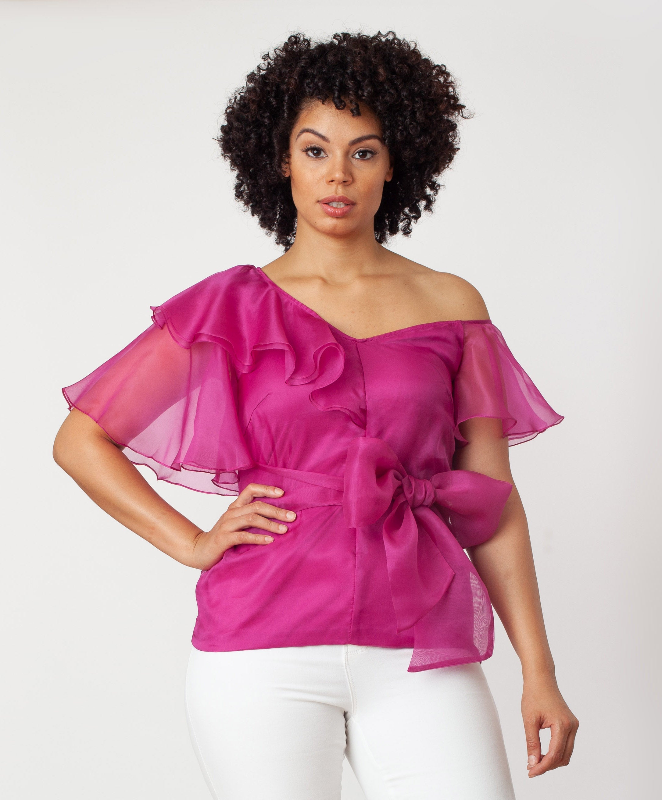 Asymmetric Shoulder Flutter Slv Blouse Silk One-shoulder formal dressy green or hot pink