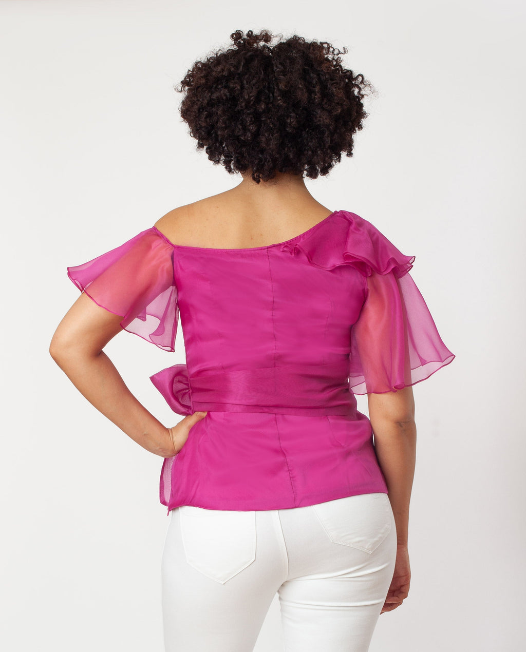 Asymmetric Shoulder Flutter Slv Blouse Silk One-shoulder formal dressy green or hot pink