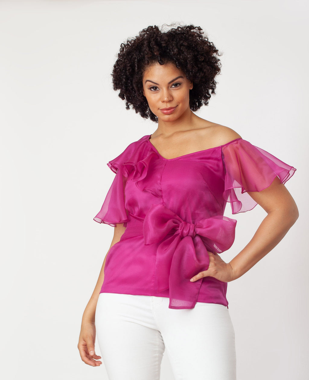 Asymmetric Shoulder Flutter Slv Blouse Silk One-shoulder formal dressy green or hot pink
