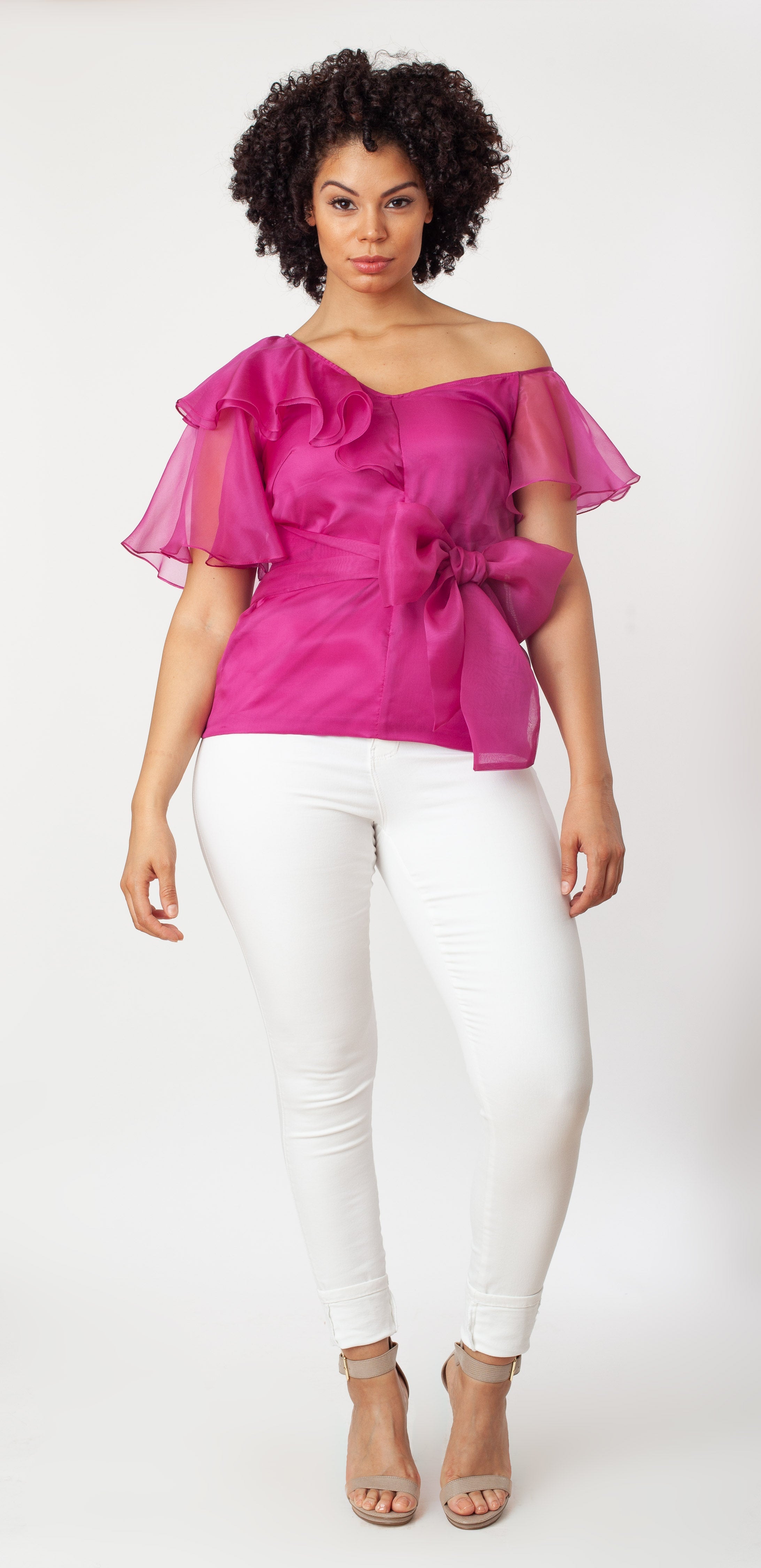 Asymmetric Shoulder Flutter Slv Blouse Silk One-shoulder formal dressy green or hot pink