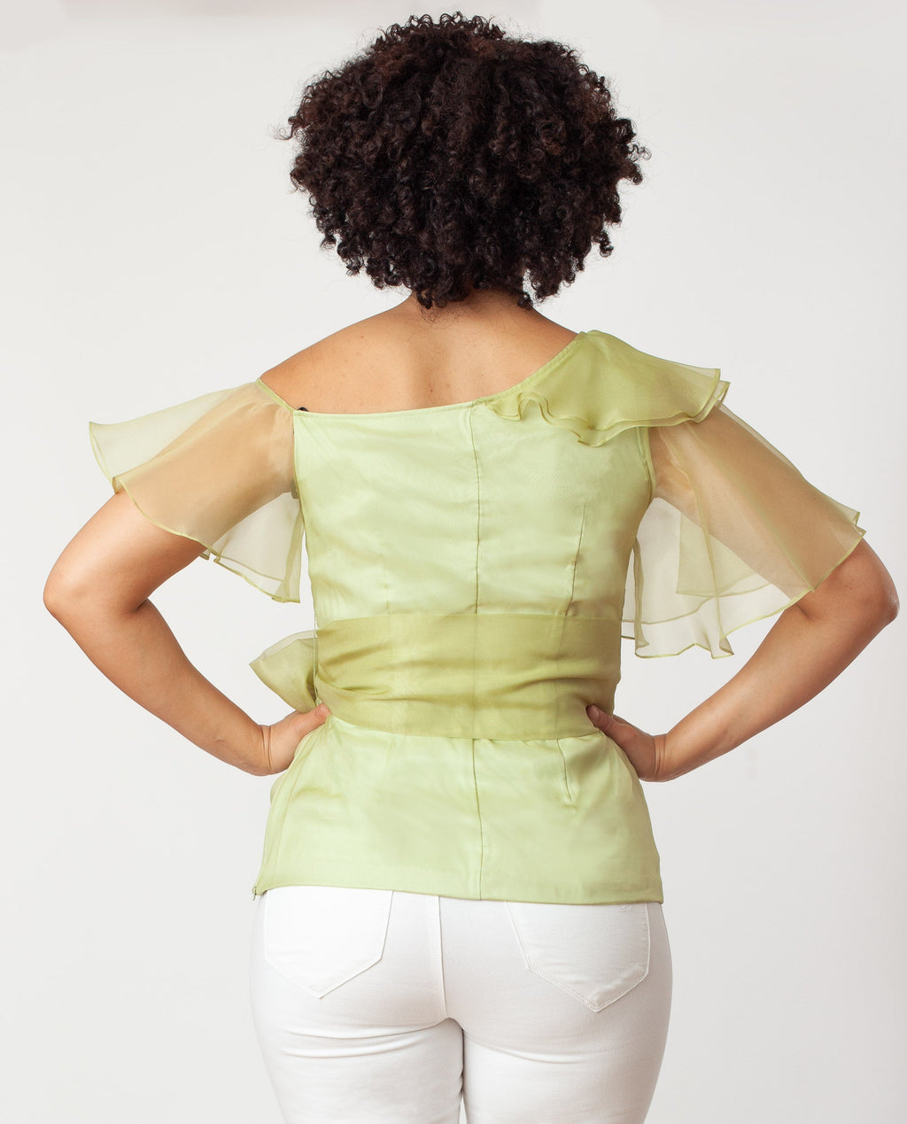 Asymmetric Shoulder Flutter Slv Blouse Silk One-shoulder formal dressy green or hot pink