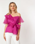 Asymmetric Shoulder Flutter Slv Blouse Silk One-shoulder formal dressy green or hot pink