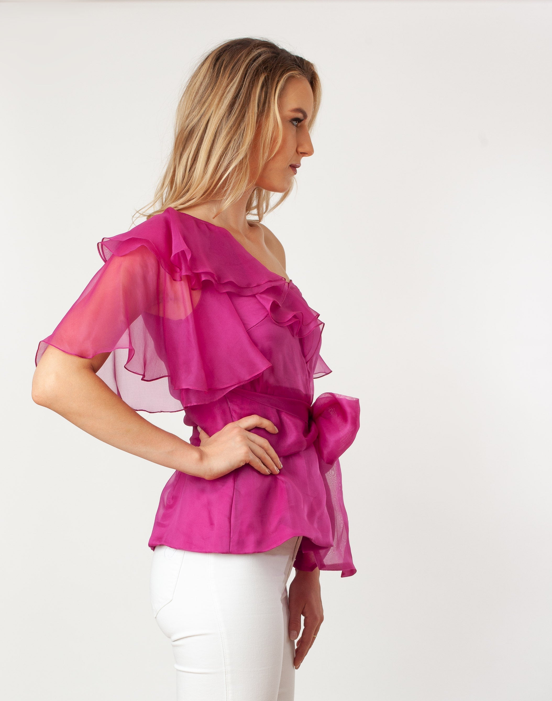 Asymmetric Shoulder Flutter Slv Blouse Silk One-shoulder formal dressy green or hot pink