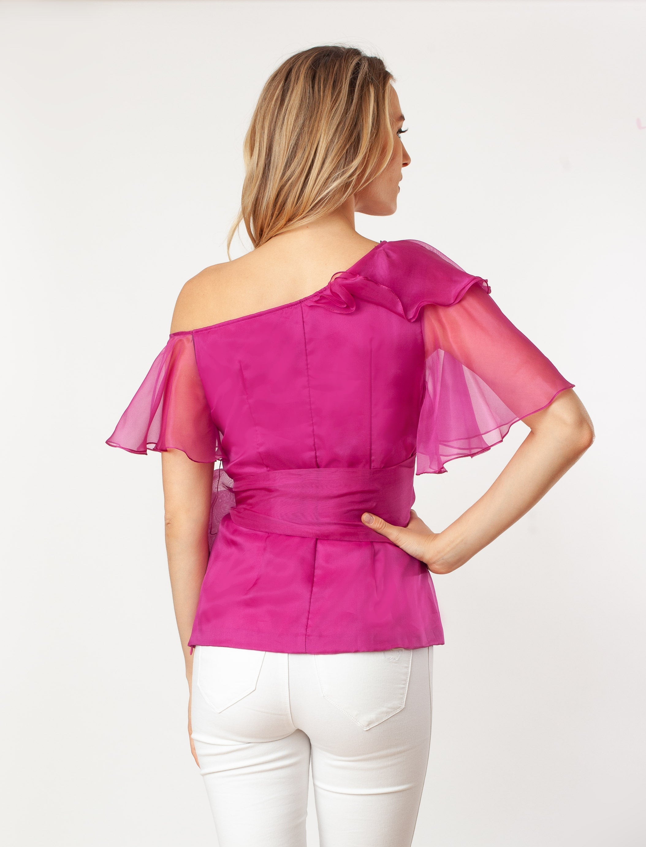 Asymmetric Shoulder Flutter Slv Blouse Silk One-shoulder formal dressy green or hot pink