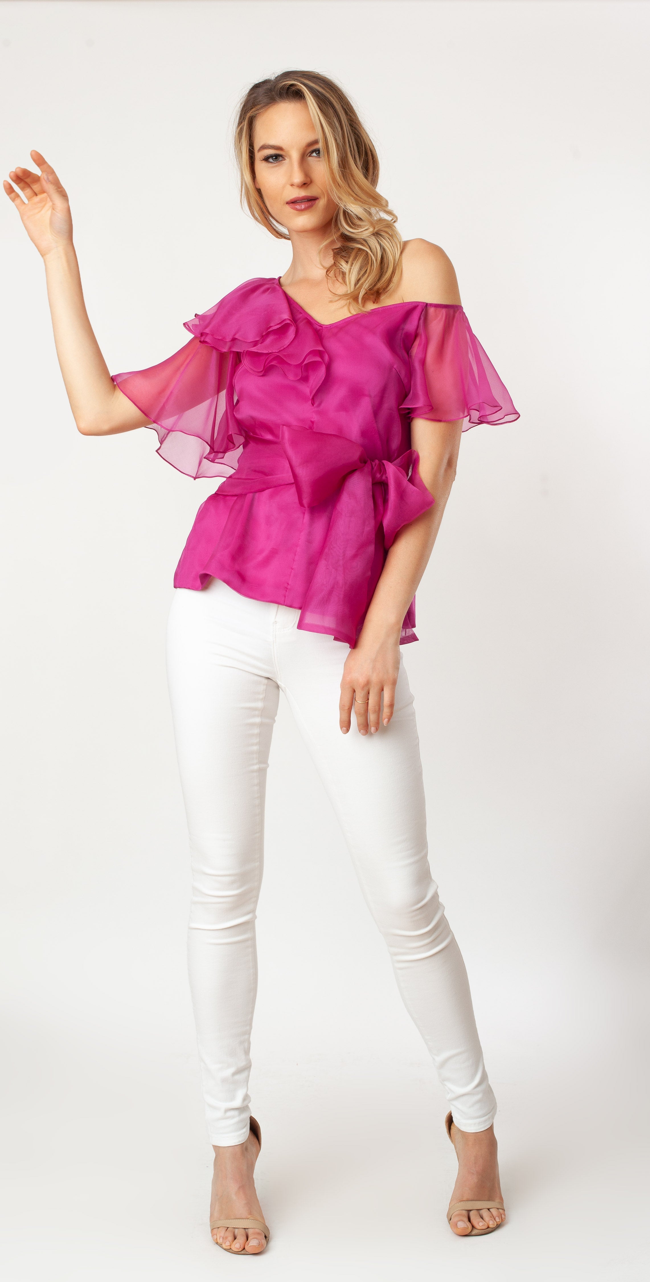 Asymmetric Shoulder Flutter Slv Blouse Silk One-shoulder formal dressy green or hot pink
