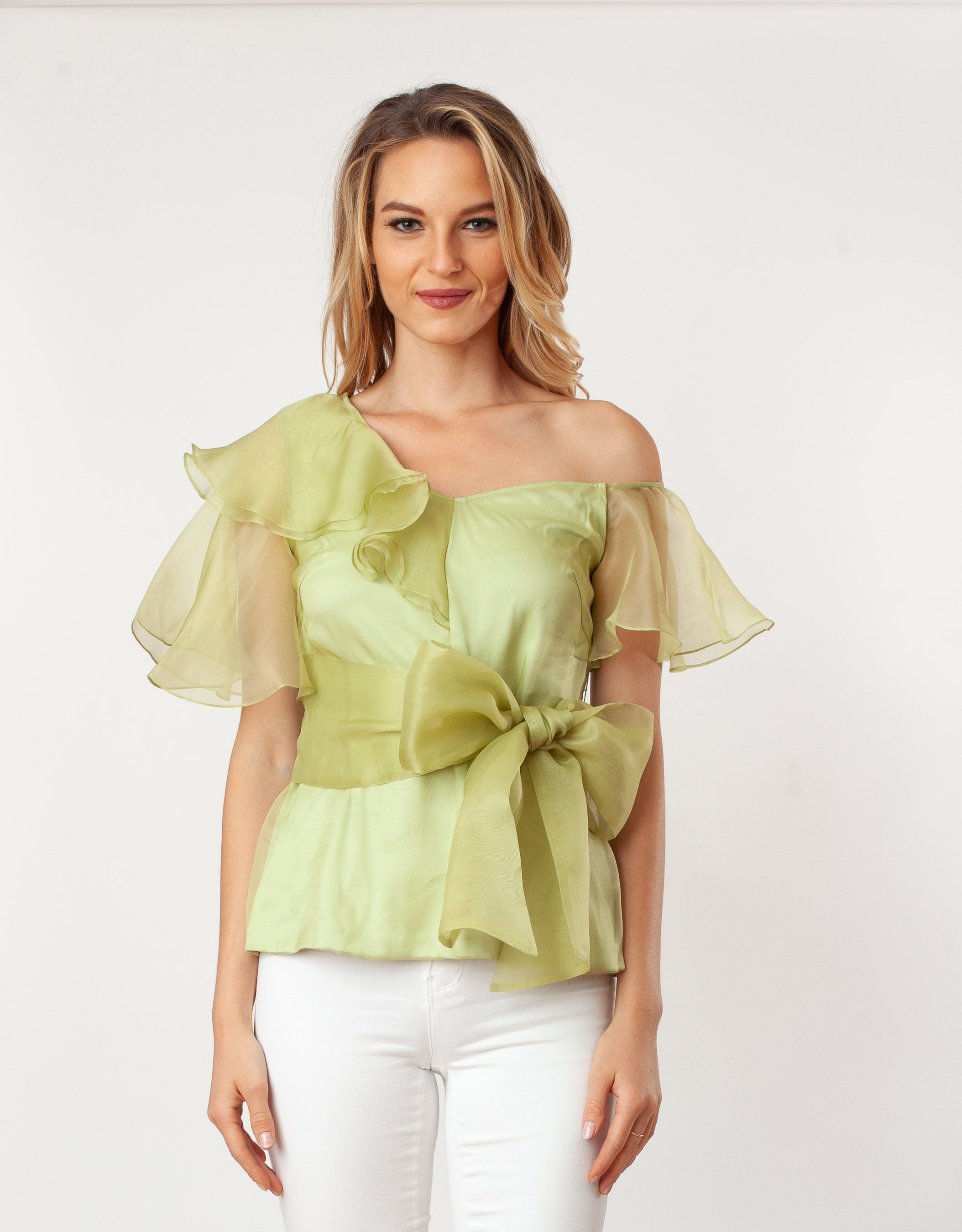 Asymmetric Shoulder Flutter Slv Blouse Silk One-shoulder formal dressy green or hot pink