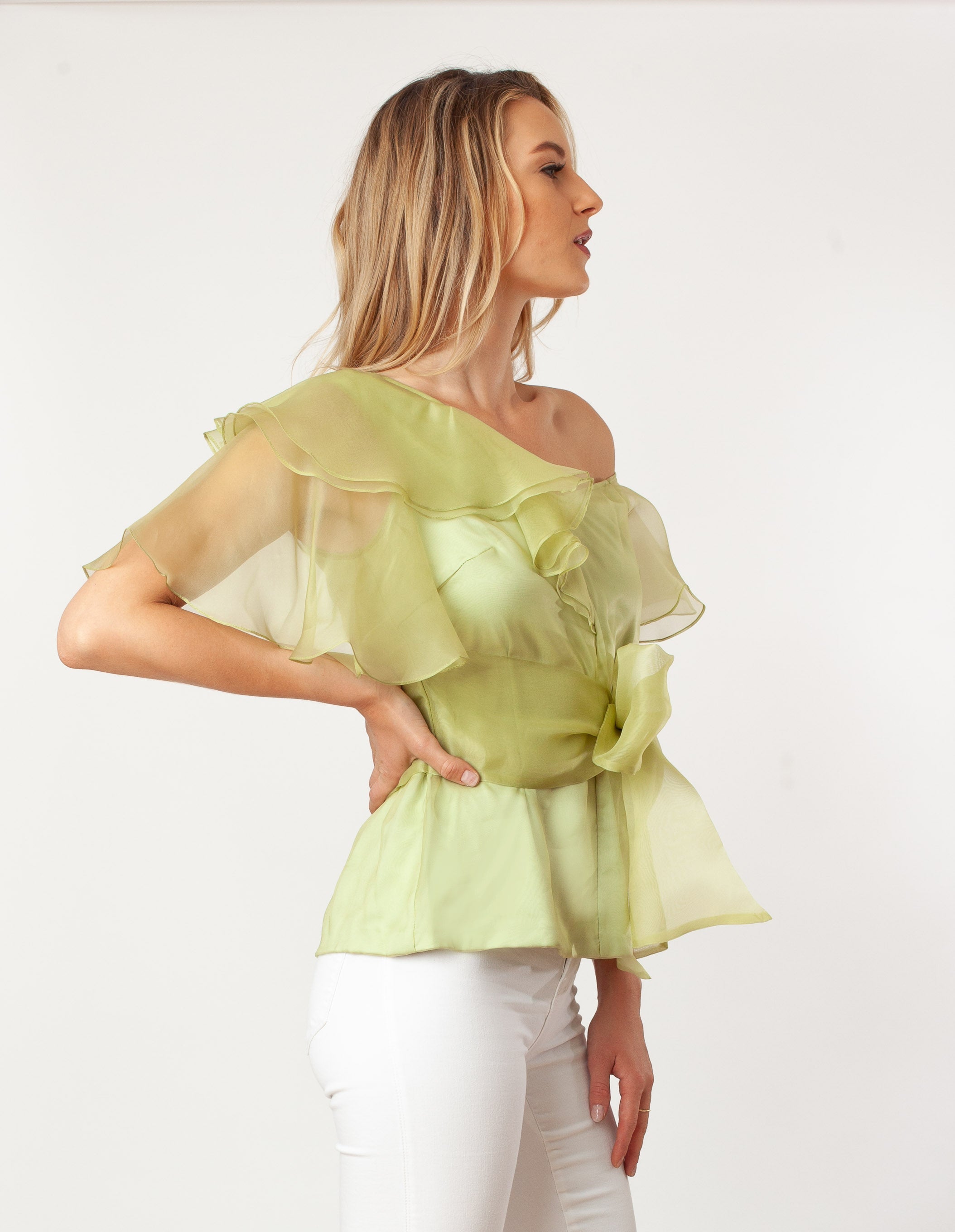 Asymmetric Shoulder Flutter Slv Blouse Silk One-shoulder formal dressy green or hot pink