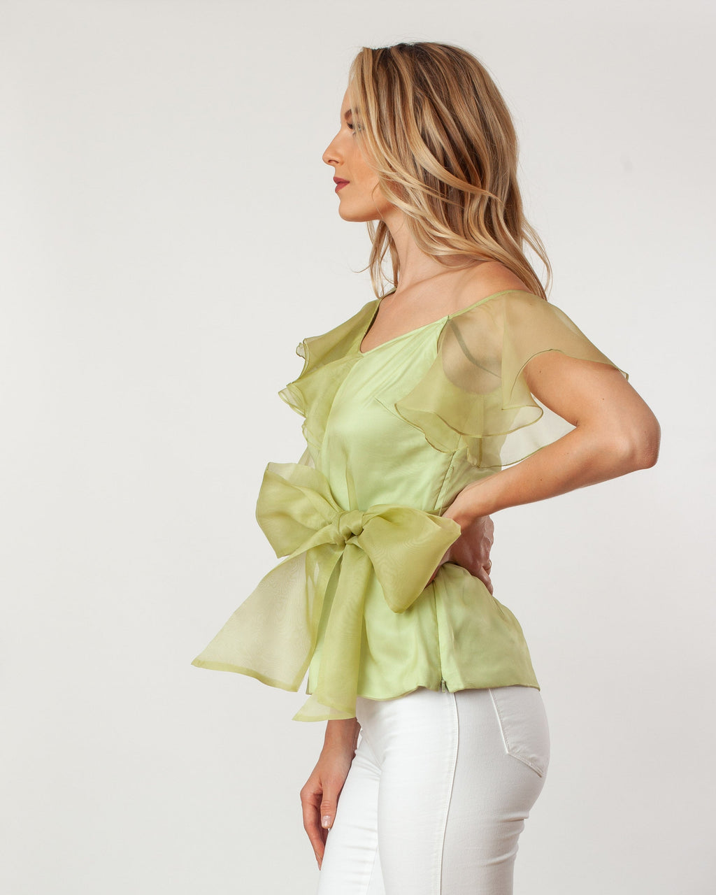 Asymmetric Shoulder Flutter Slv Blouse Silk One-shoulder formal dressy green or hot pink