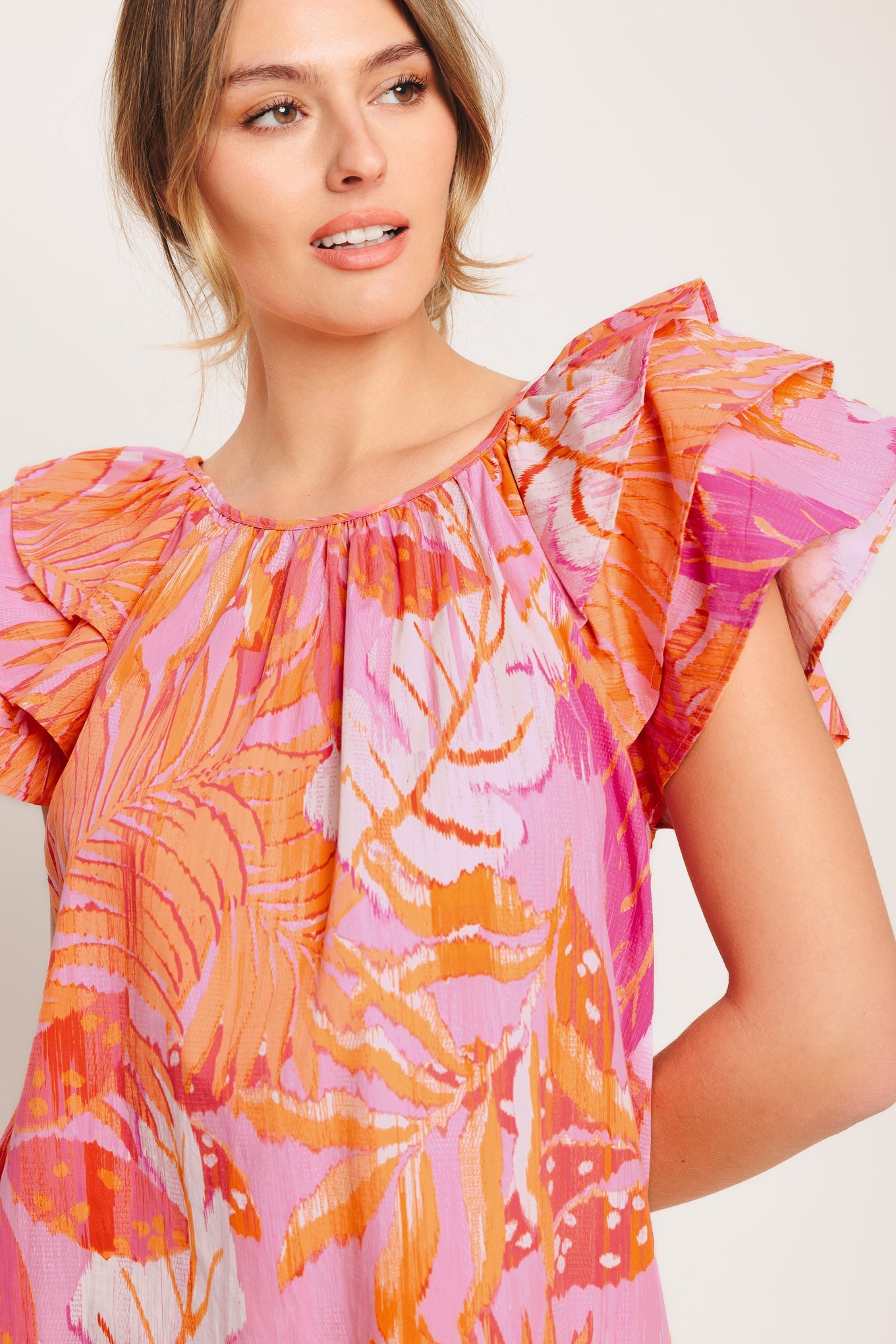 EVENING GLOW PINK WOVEN TOP Ruffle Sleeves Flutter Flying Tomato cotton beach