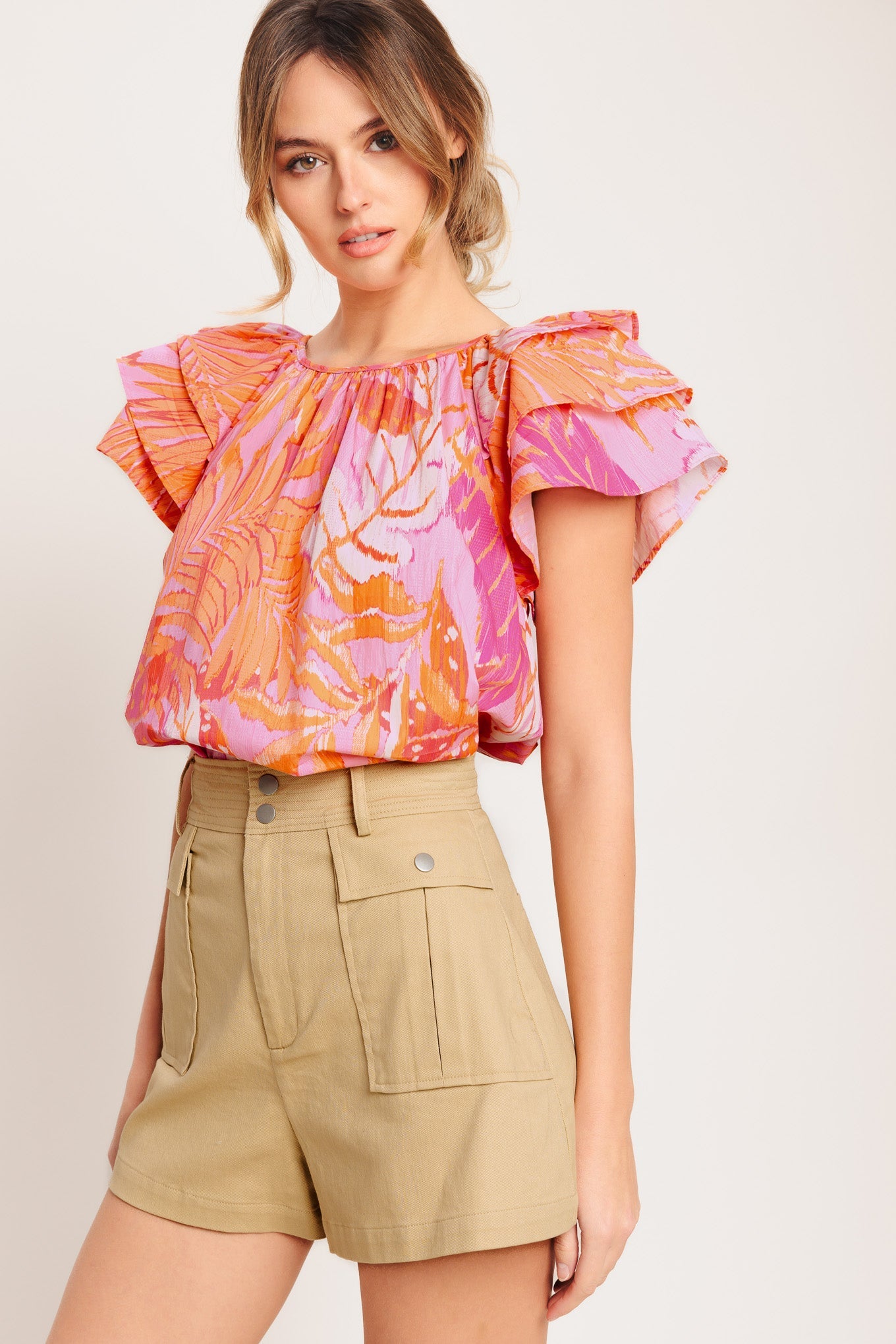 EVENING GLOW PINK WOVEN TOP Ruffle Sleeves Flutter Flying Tomato cotton beach