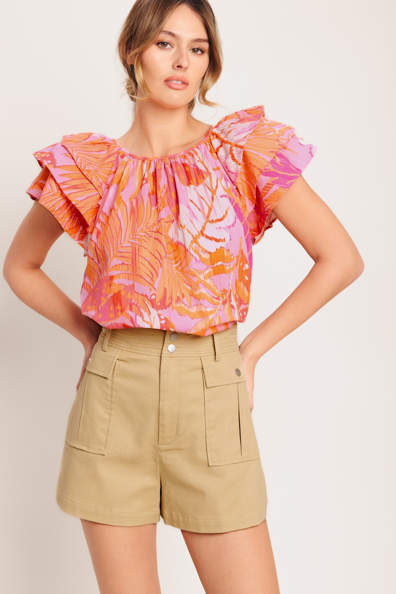 EVENING GLOW PINK WOVEN TOP Ruffle Sleeves Flutter Flying Tomato cotton beach