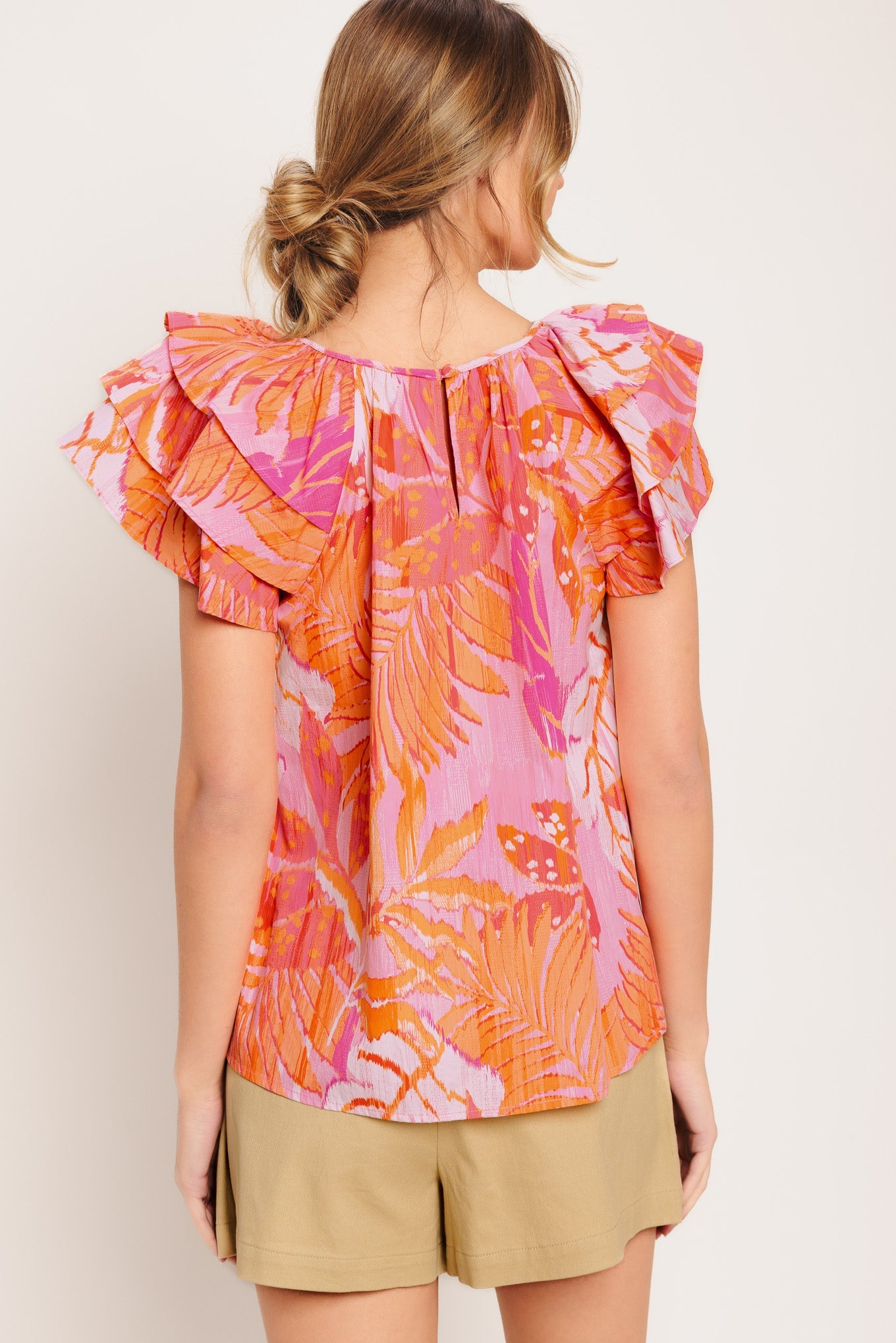 EVENING GLOW PINK WOVEN TOP Ruffle Sleeves Flutter Flying Tomato cotton beach