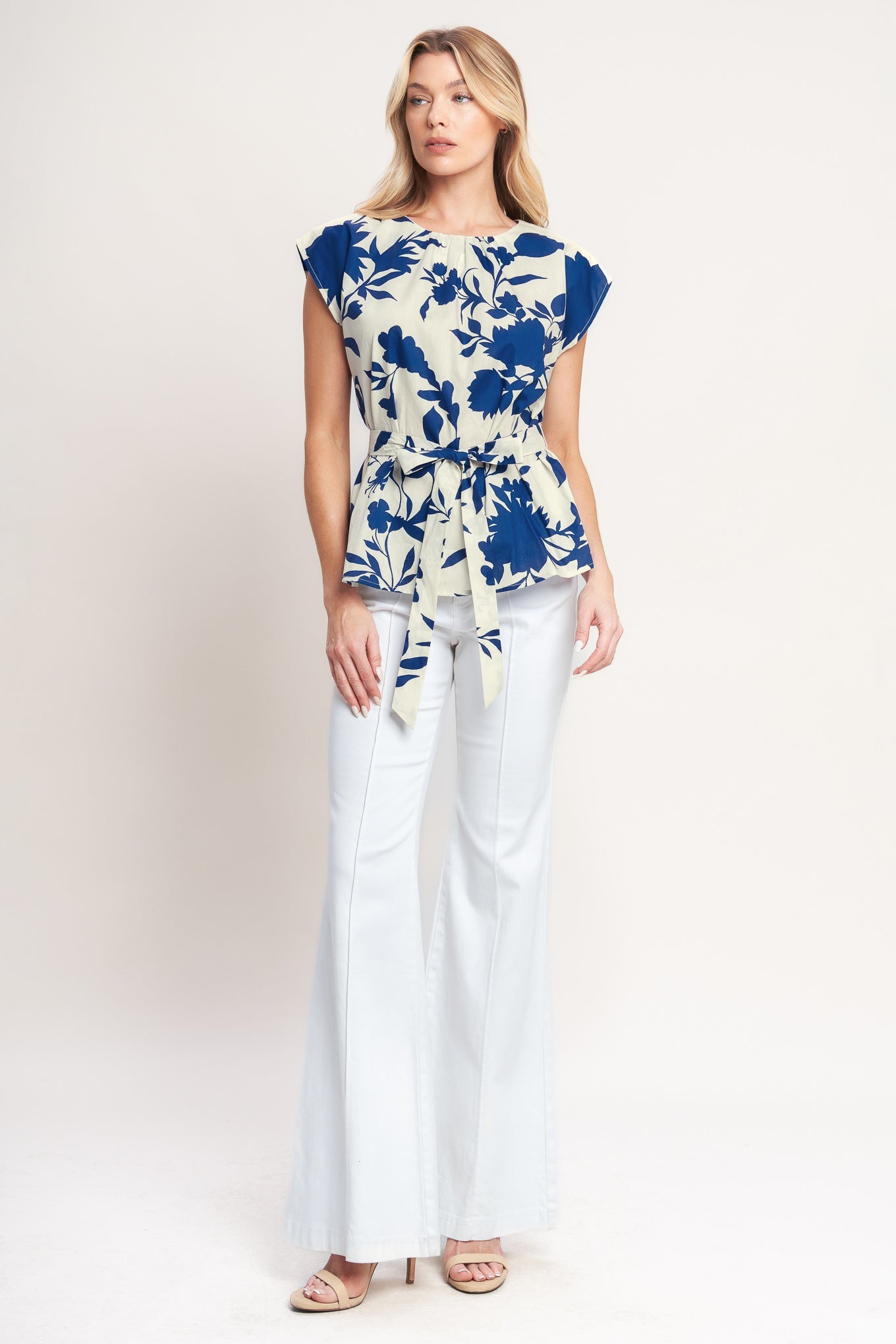 LOVE GROWS HERE WOVEN TOP Flying Tomato Blue Sleeveless with tie sash