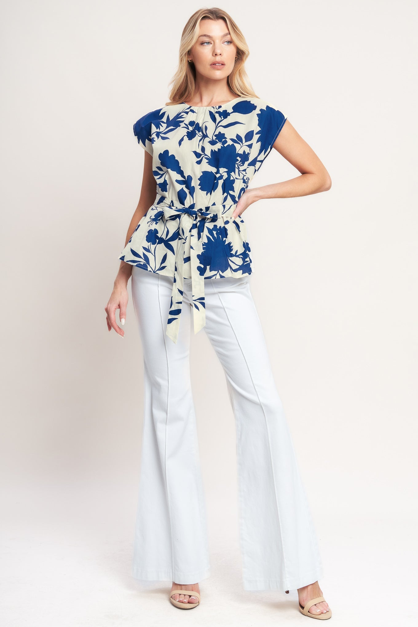 LOVE GROWS HERE WOVEN TOP Flying Tomato Blue Sleeveless with tie sash