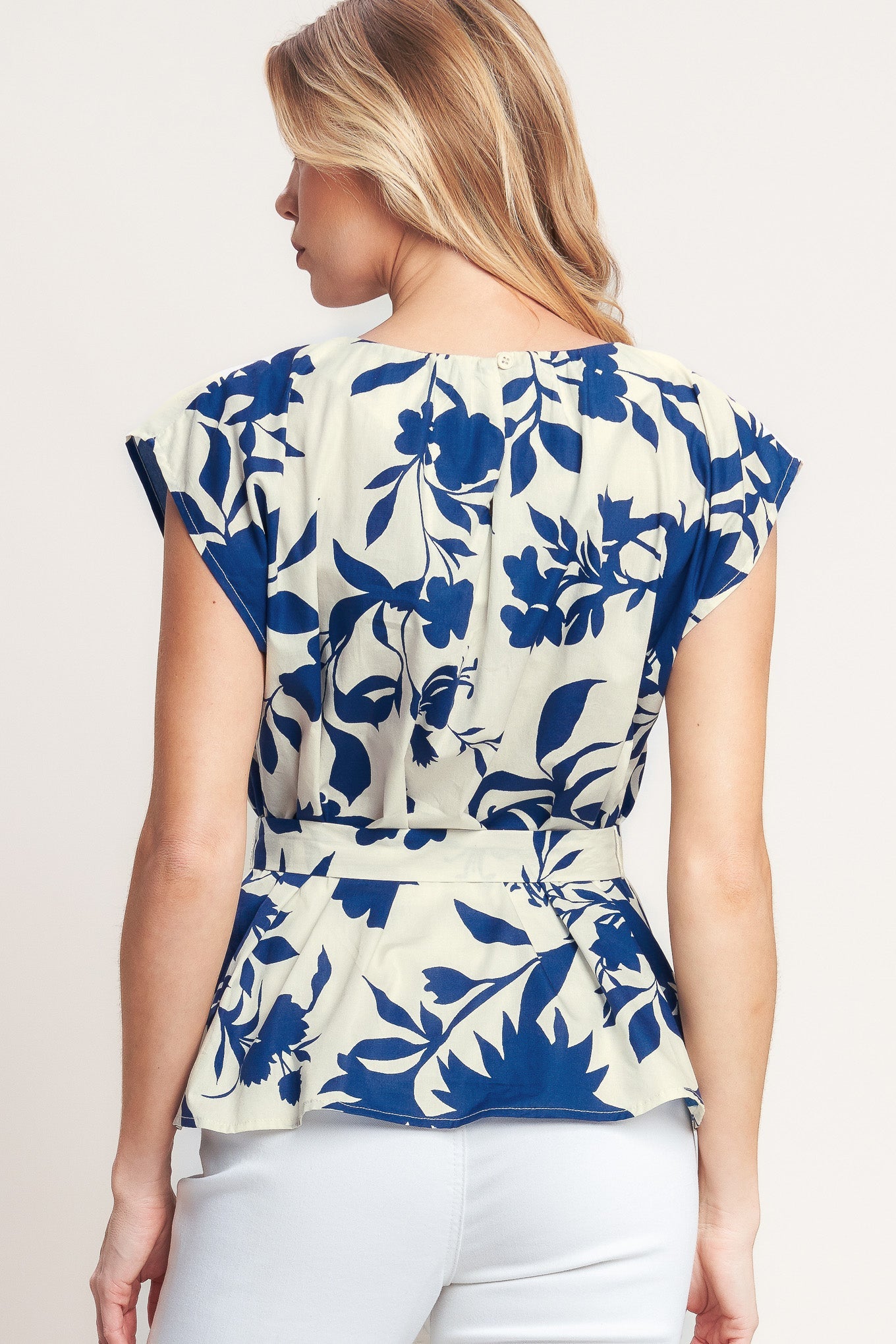 LOVE GROWS HERE WOVEN TOP Flying Tomato Blue Sleeveless with tie sash