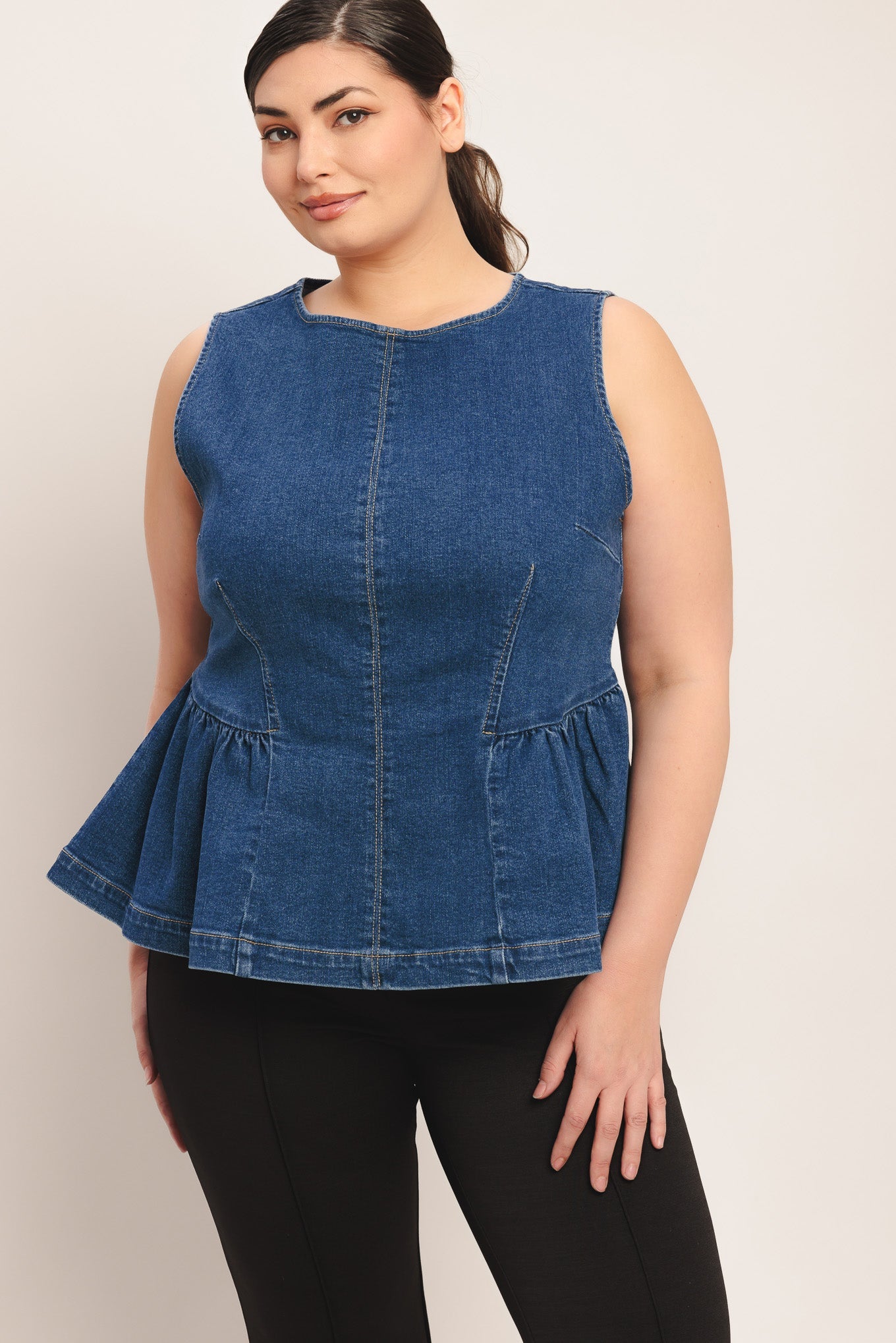MODERN FLOUNCE DENIM TOP Blue Jean Sleeveless Flying Tomato Shirt