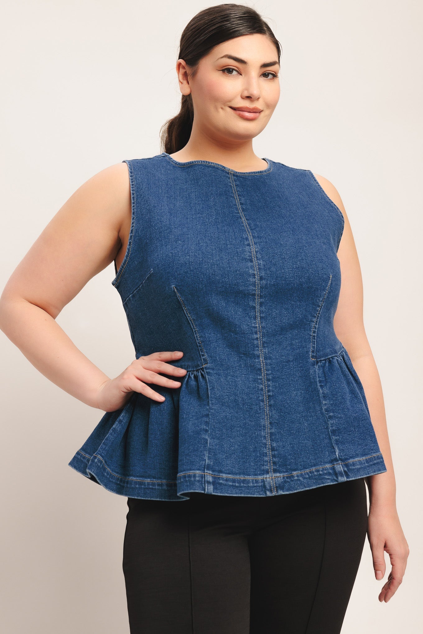 MODERN FLOUNCE DENIM TOP Blue Jean Sleeveless Flying Tomato Shirt