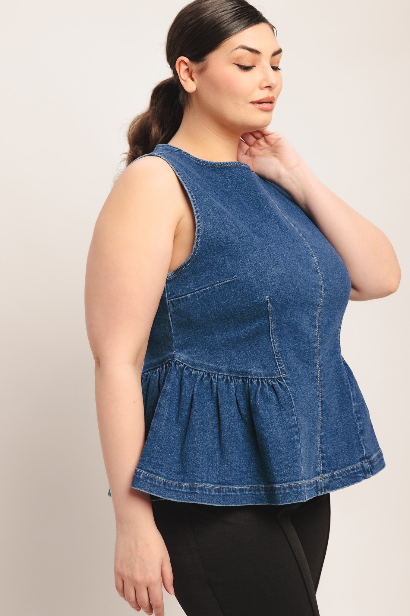 MODERN FLOUNCE DENIM TOP Blue Jean Sleeveless Flying Tomato Shirt