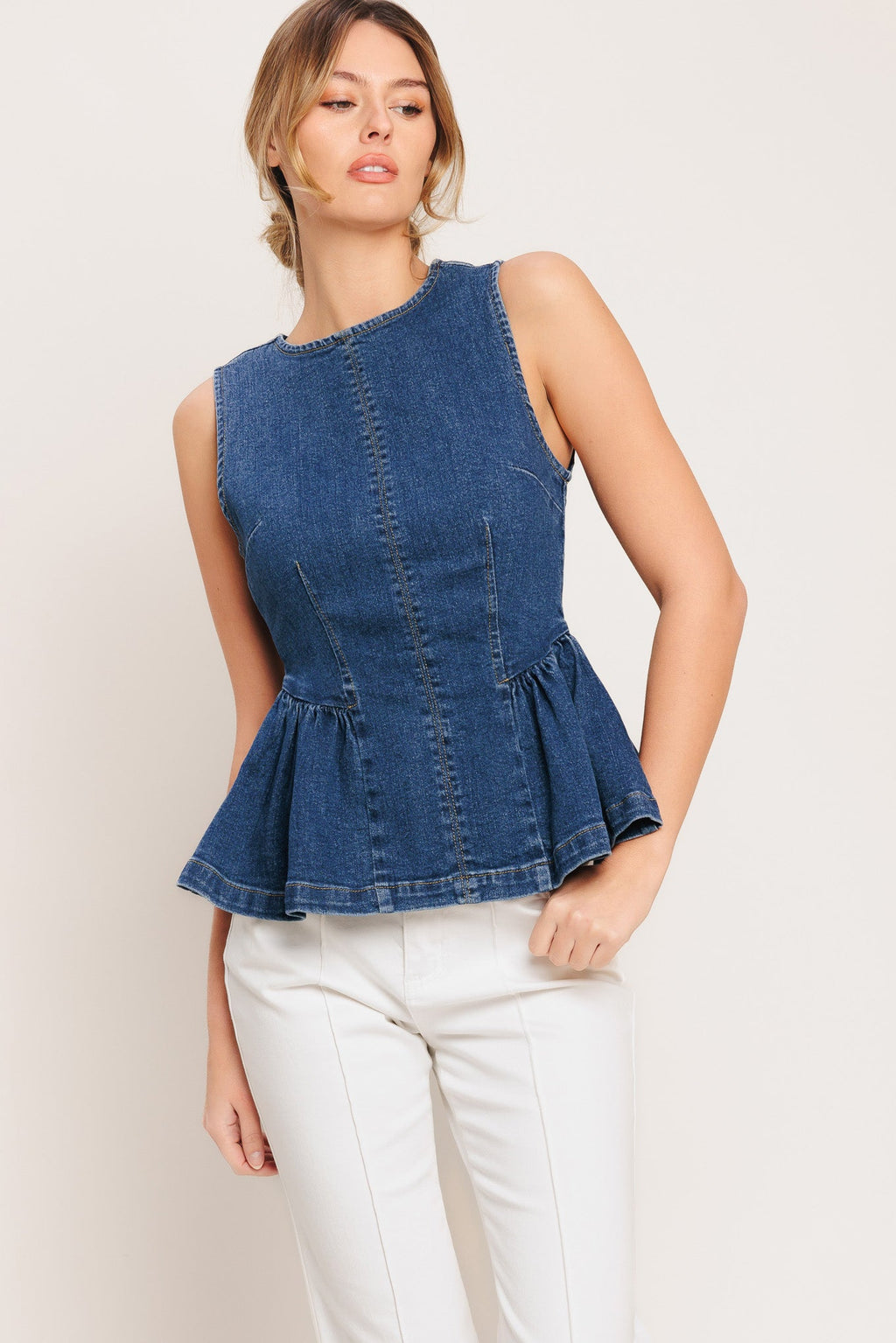 MODERN FLOUNCE DENIM TOP Blue Jean Sleeveless Flying Tomato Shirt