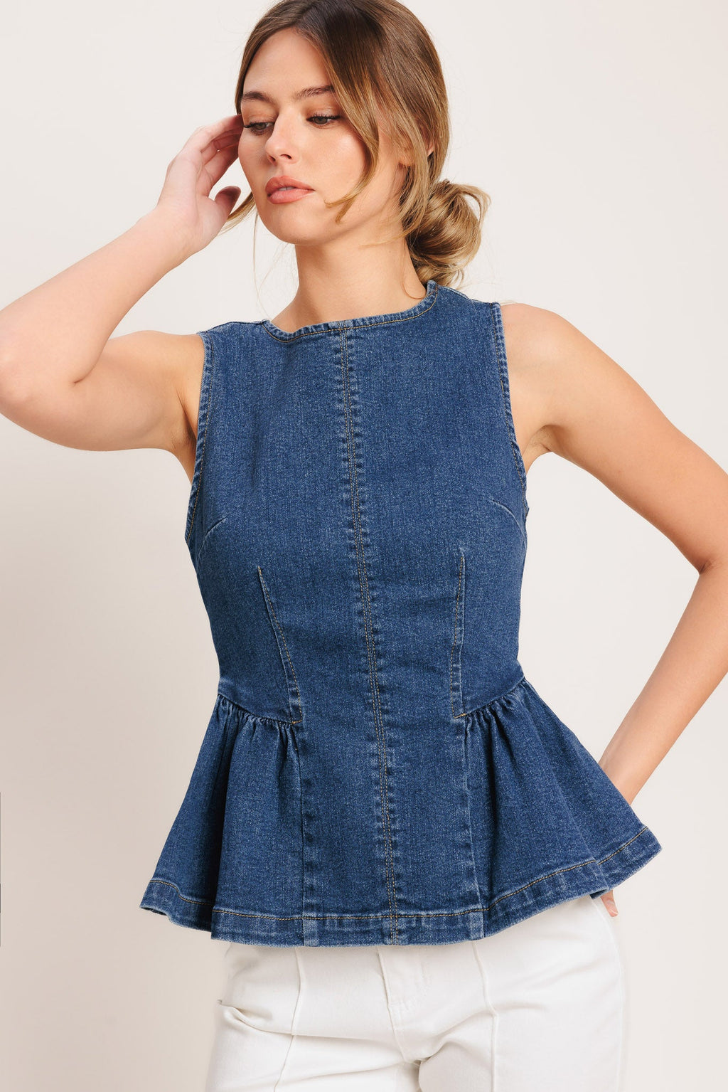 MODERN FLOUNCE DENIM TOP Blue Jean Sleeveless Flying Tomato Shirt