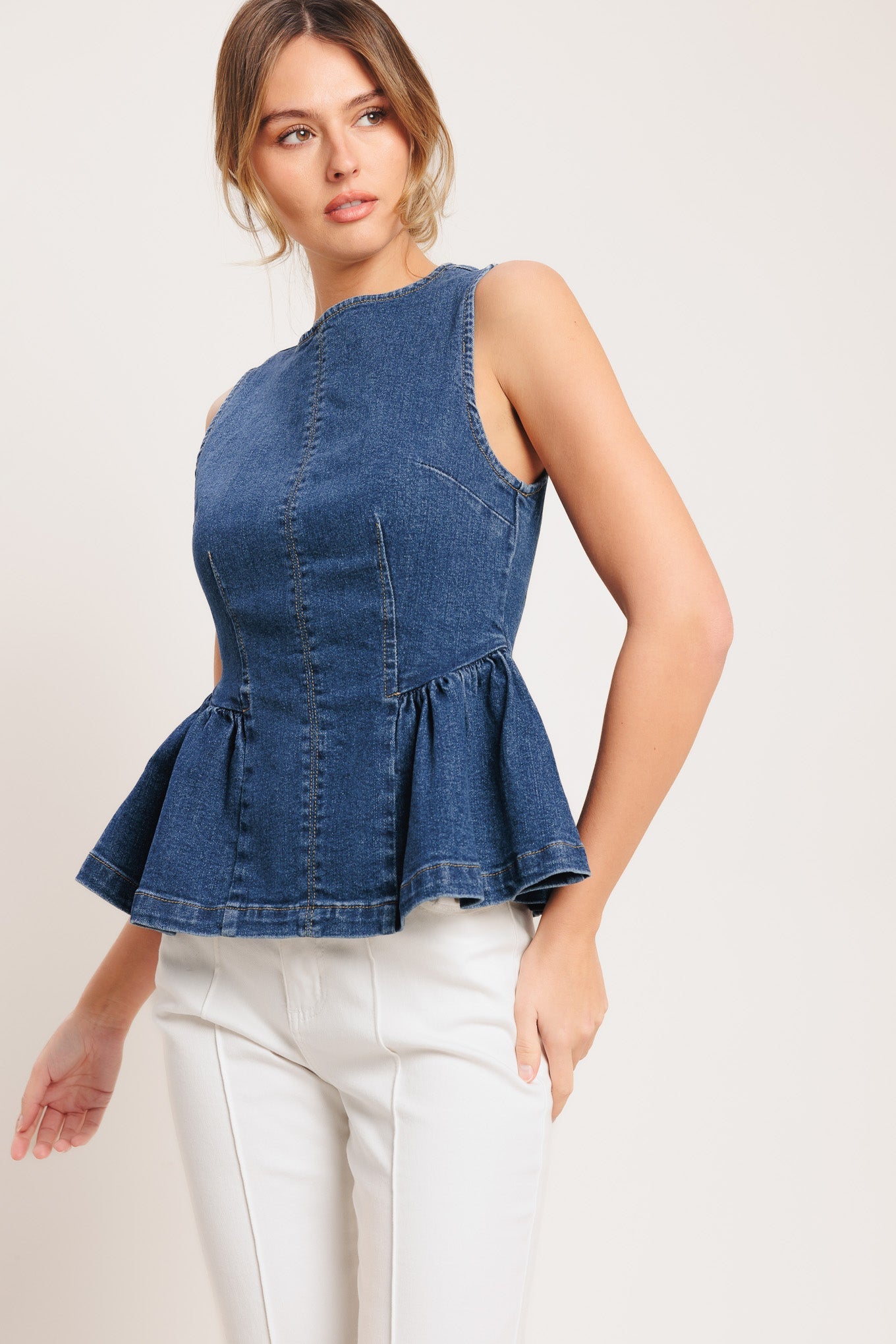 MODERN FLOUNCE DENIM TOP Blue Jean Sleeveless Flying Tomato Shirt