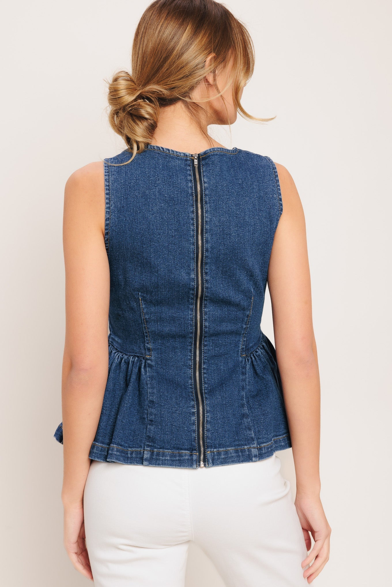MODERN FLOUNCE DENIM TOP Blue Jean Sleeveless Flying Tomato Shirt