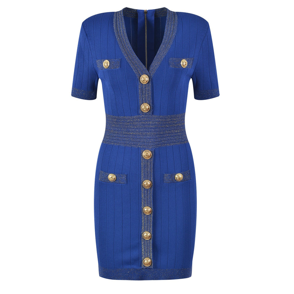 Ice Silk Knit Dress with Gold Buckle For Women, V-Neck, Upper East Side, BYMANYC New York.