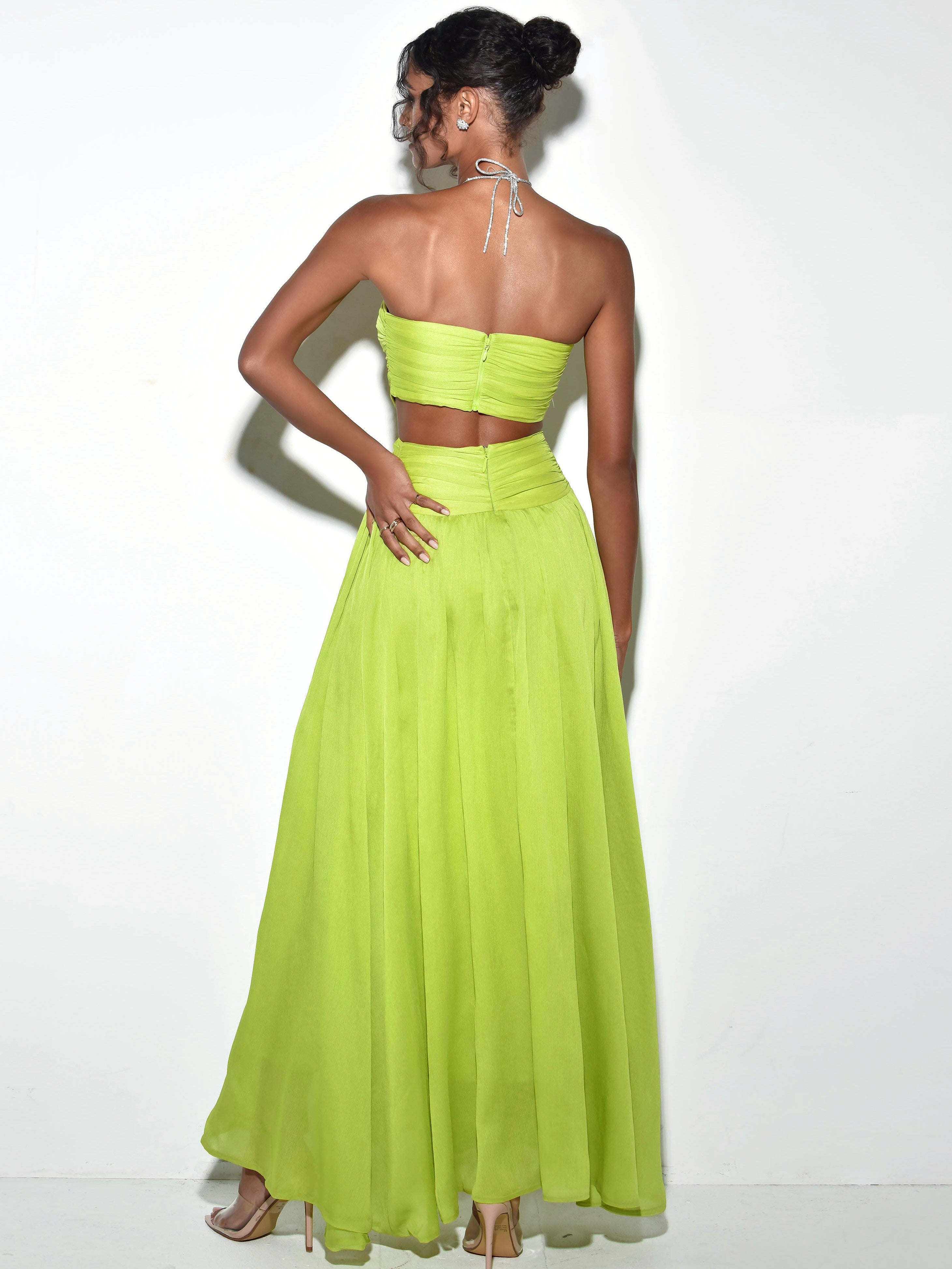Quinby Lemon Lime Chiffon Pleated Lace Up Maxi Dress Green Beach Cruise Club